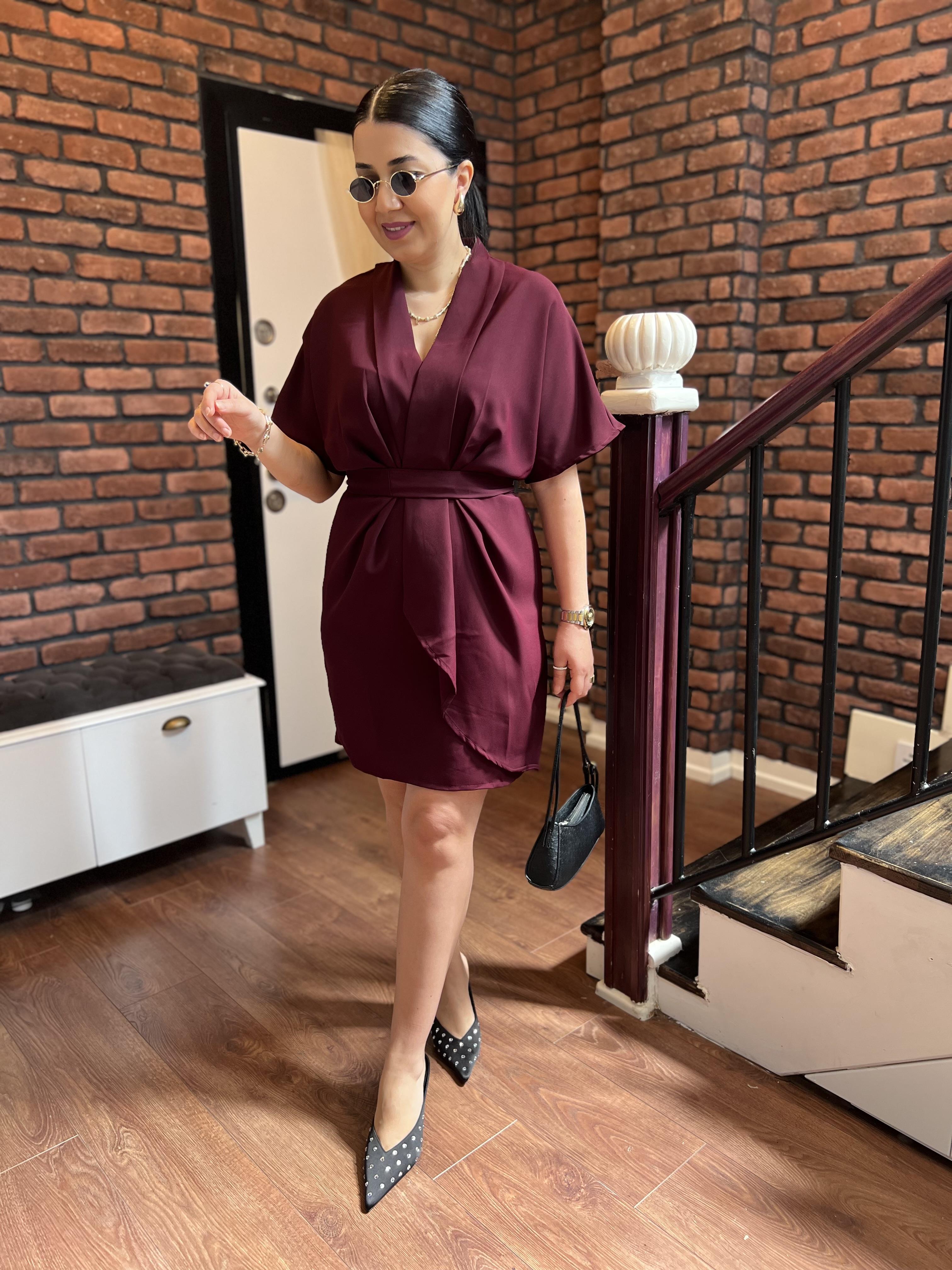 Premium Kruvaze Kemerli Kısa Elbise Mürdüm