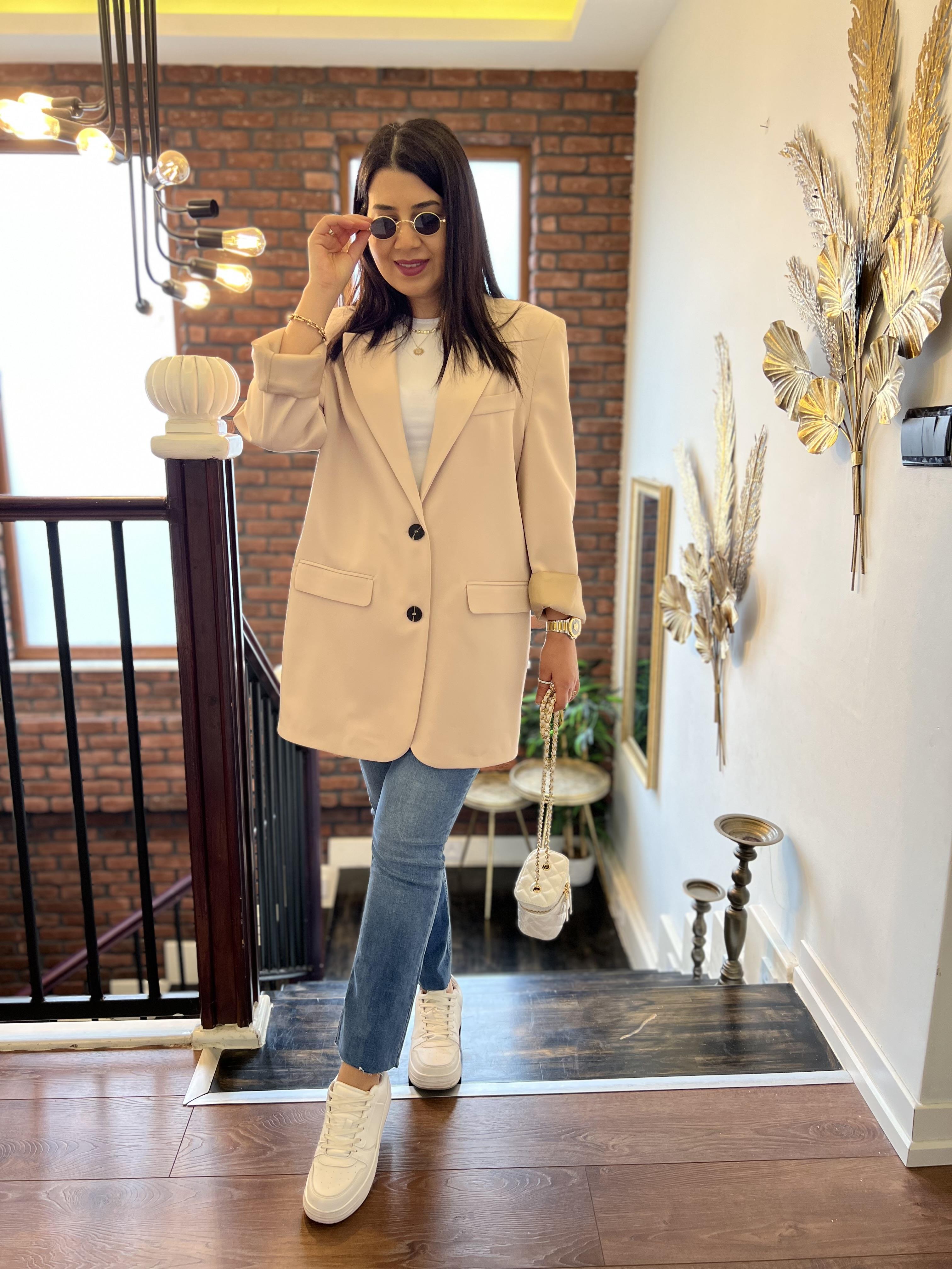 Premium Oversize Çift Düğme Ceket Pudra