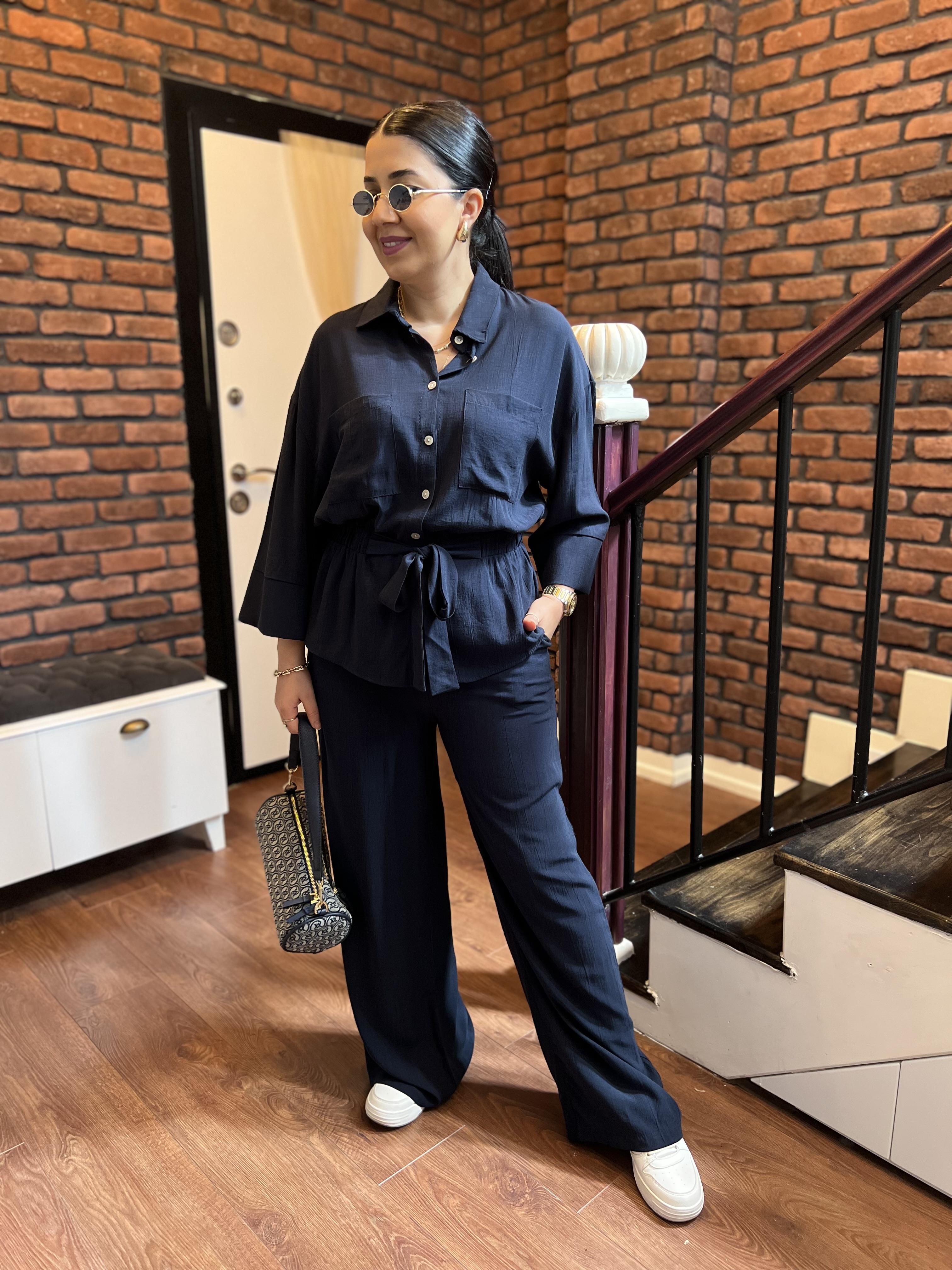 Premium Pamuk Saten Beli Bağlamalı Takım Lacivert