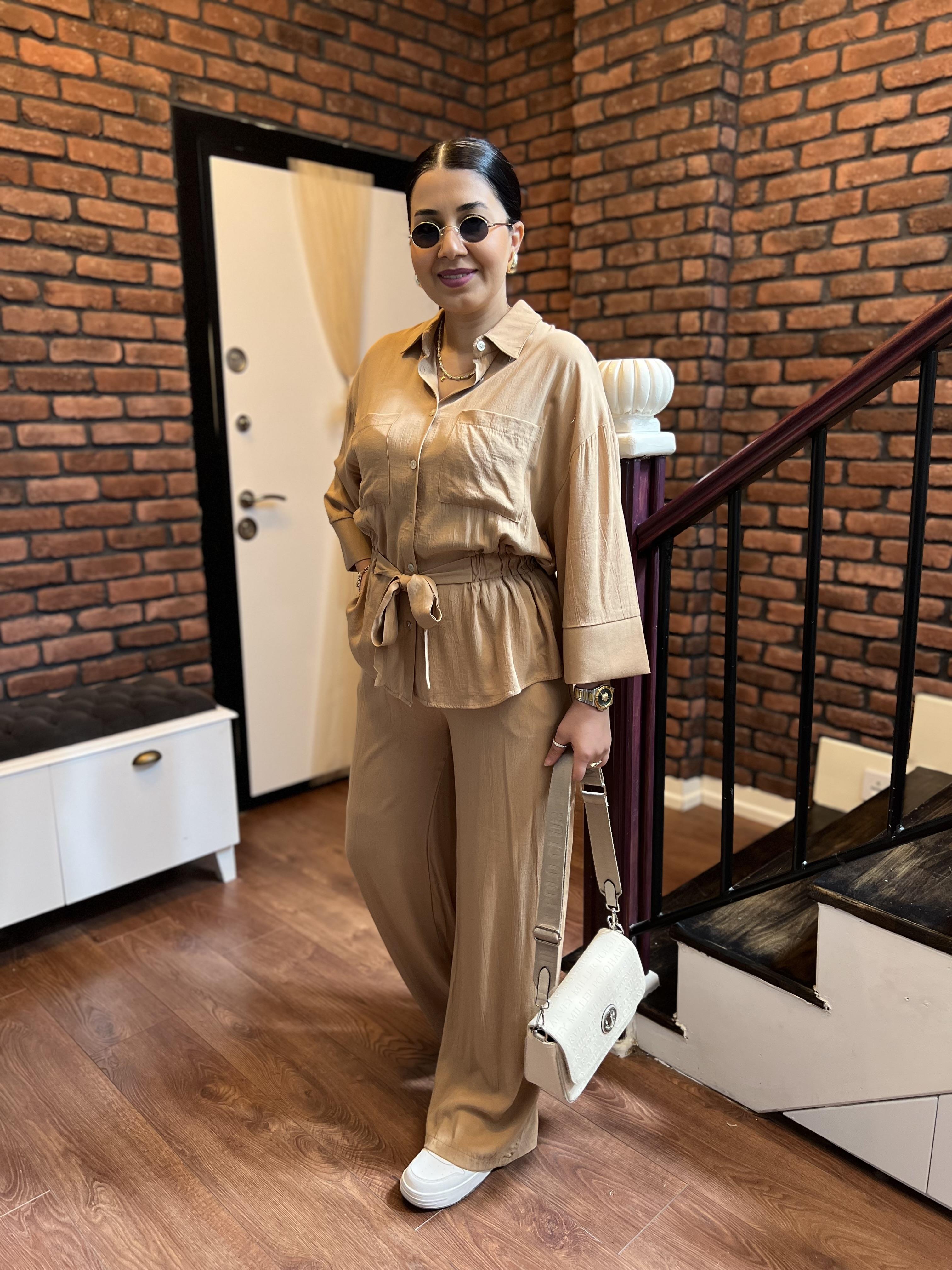 Premium Pamuk Saten Beli Bağlamalı Takım Bej