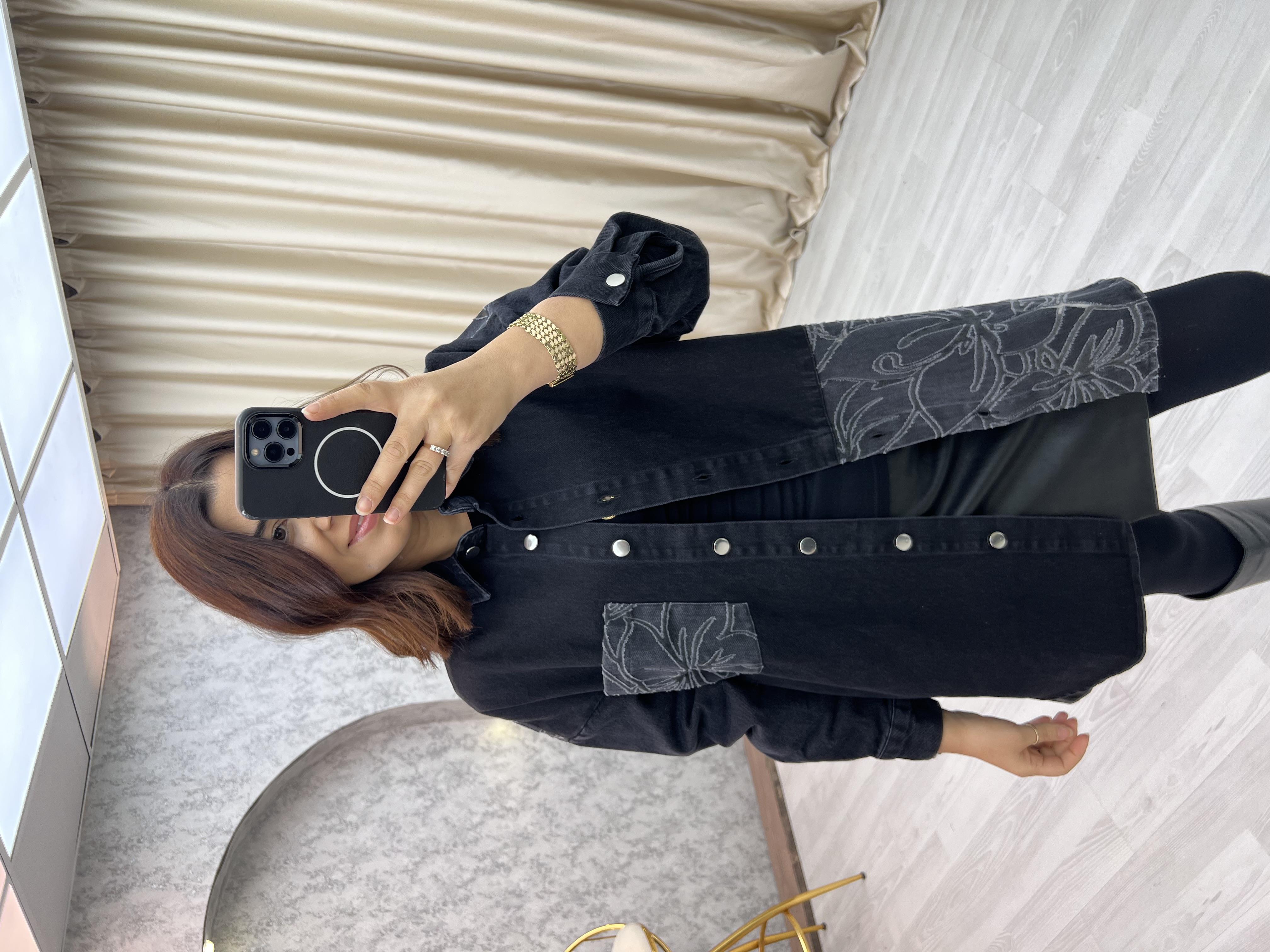 Premium Parçalı Transparan Taşlı Jean Ceket Antrasit