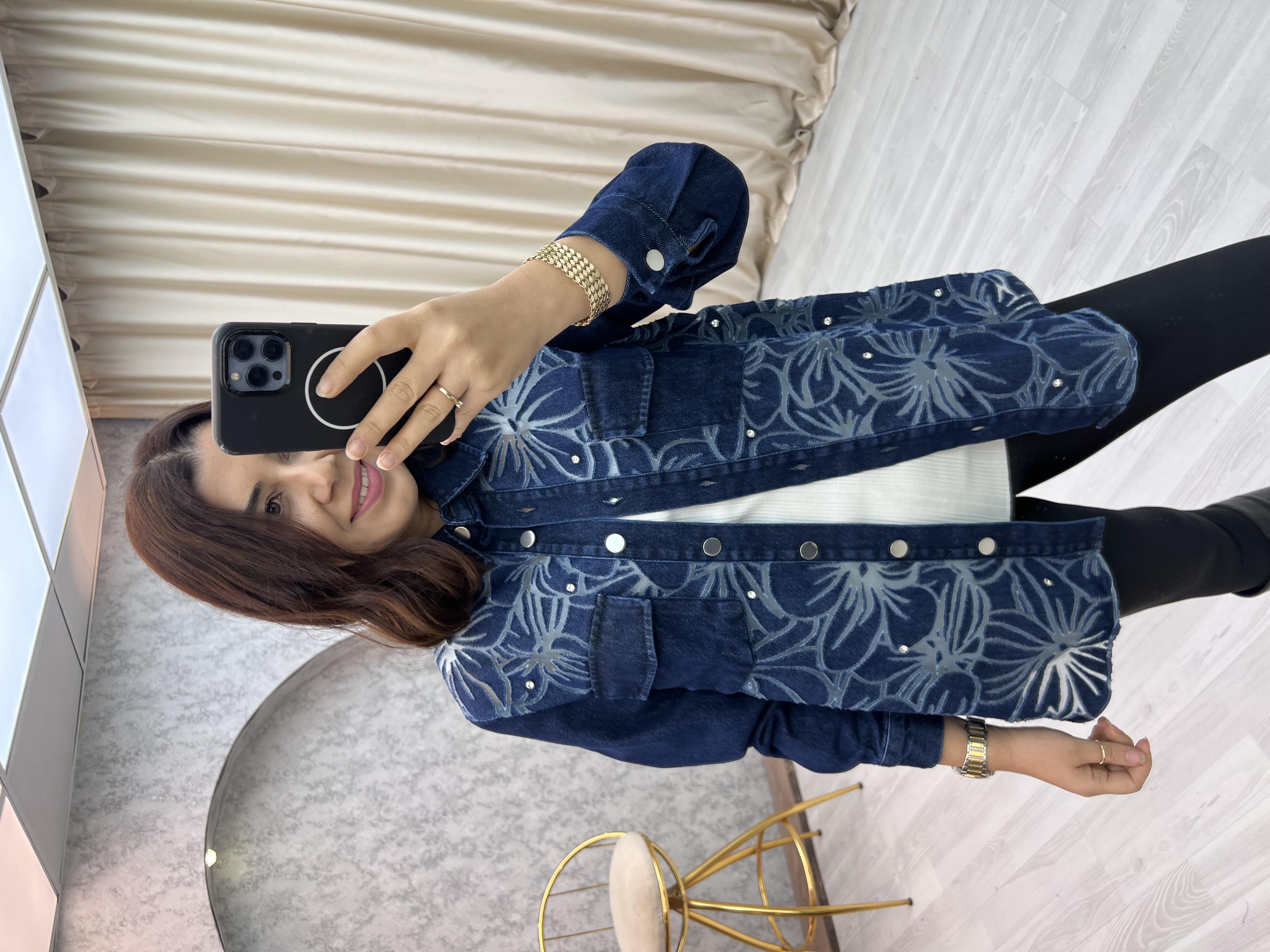 Premium Transparan Taşlı Jean Ceket Mavi