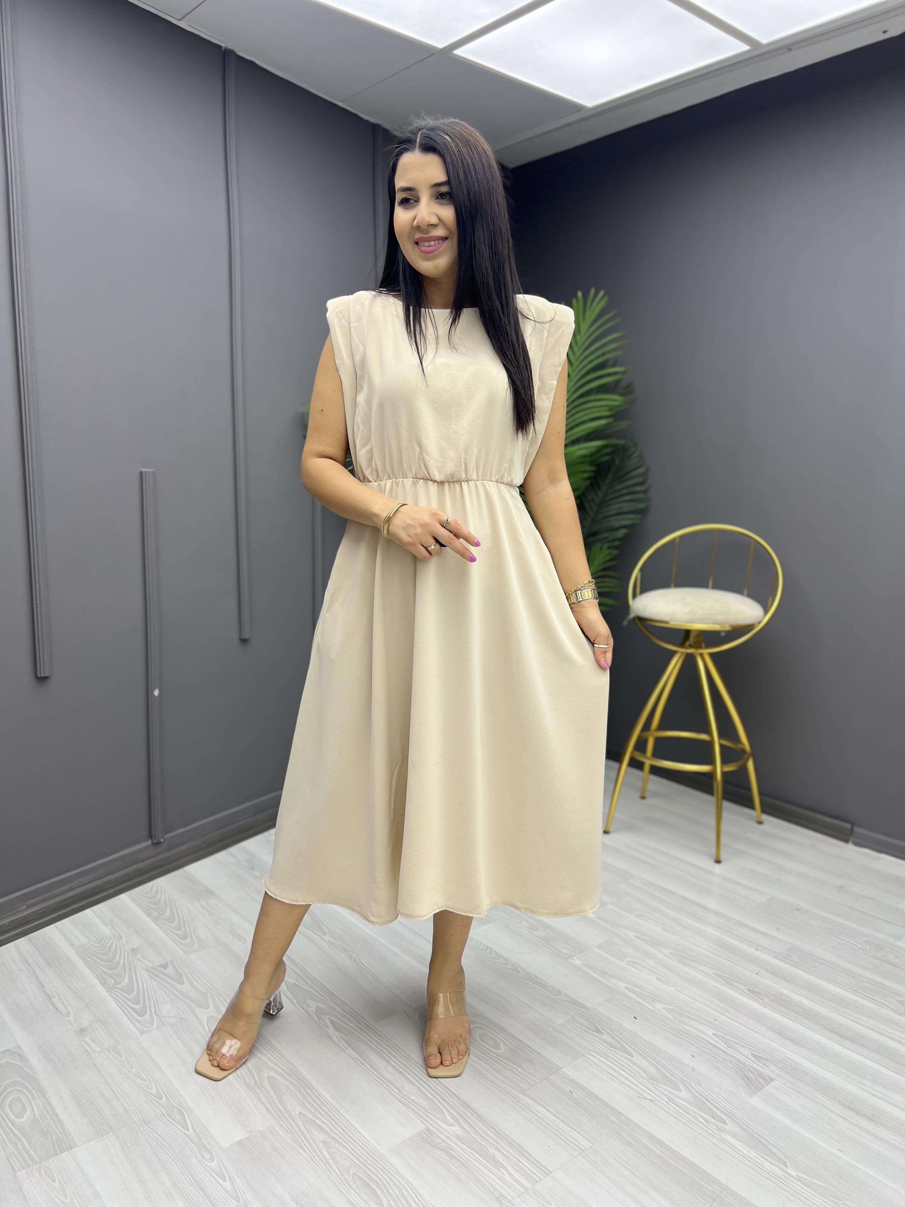 Premium Vatkalı Elbise Krem