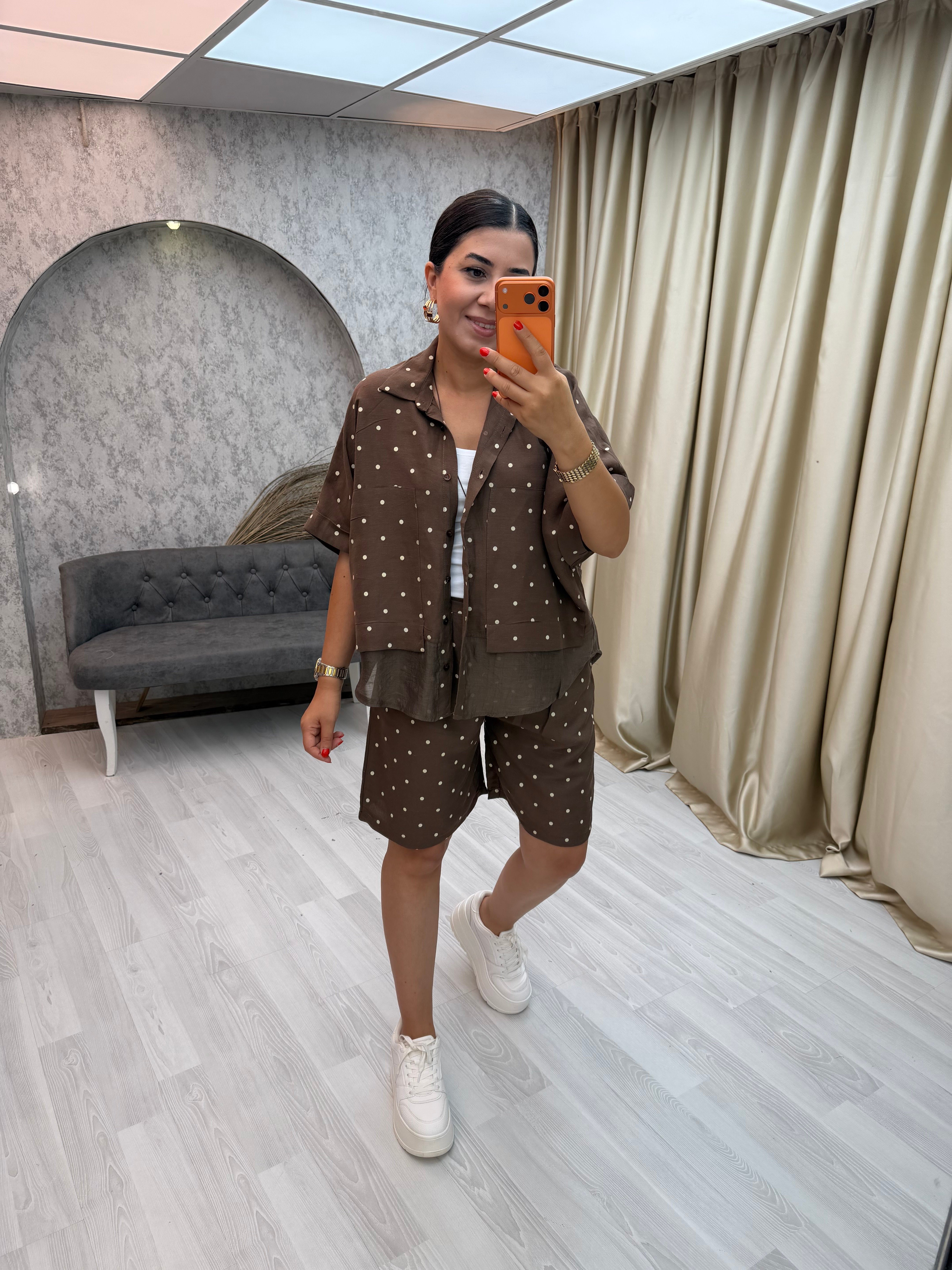 Puantiyeli  Gömlek  Şort Takım Kahverengi