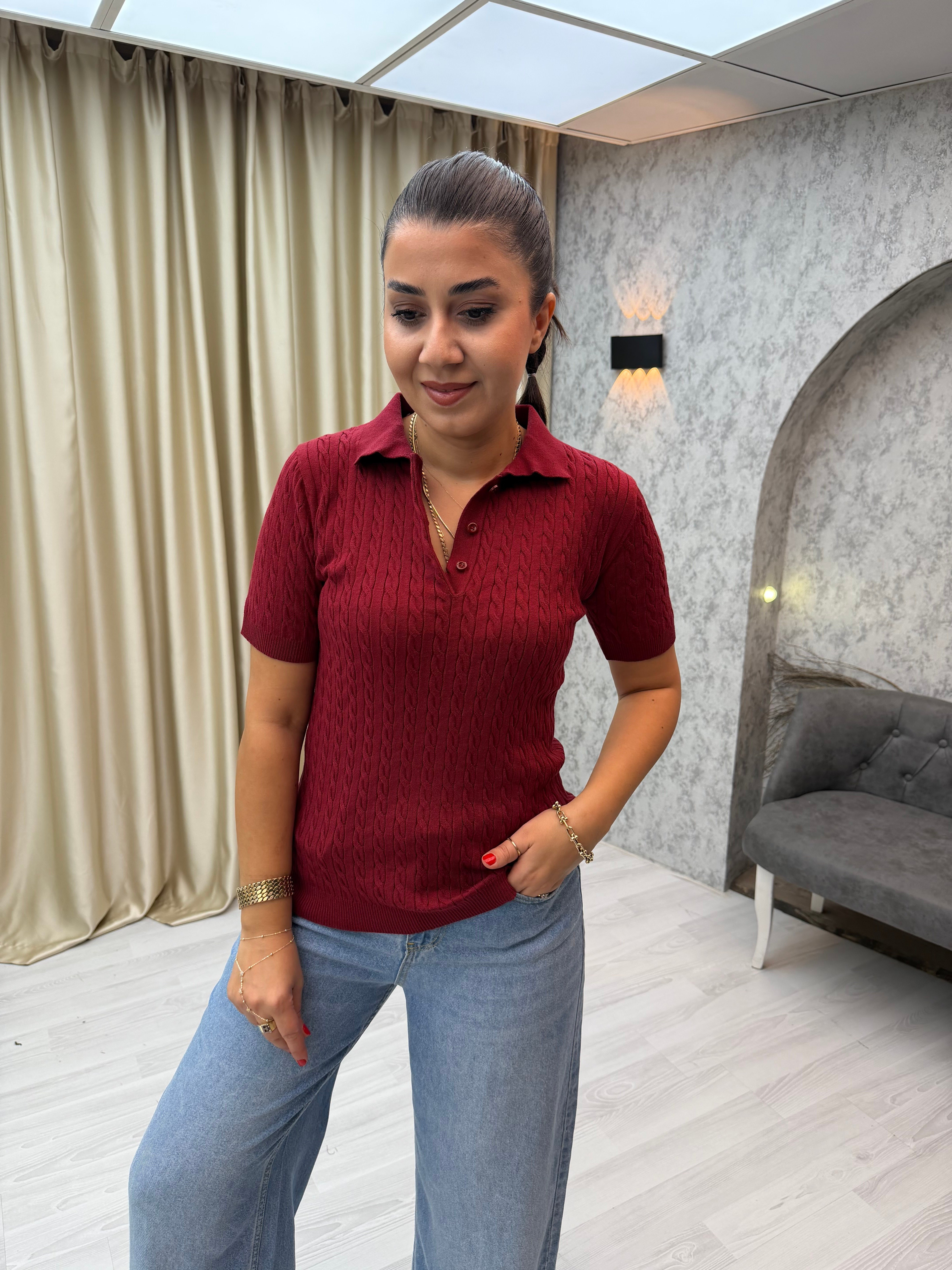 Saç Örgü Polo Yaka Pamuk Triko Bordo
