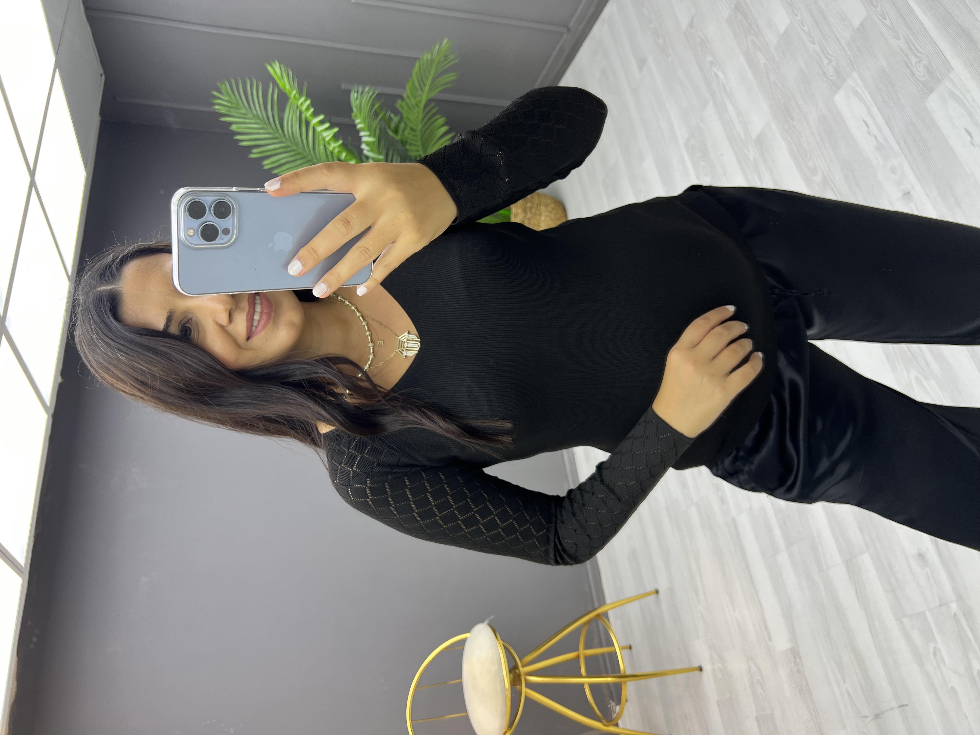 Selanik Kol Desenli Bluz Siyah