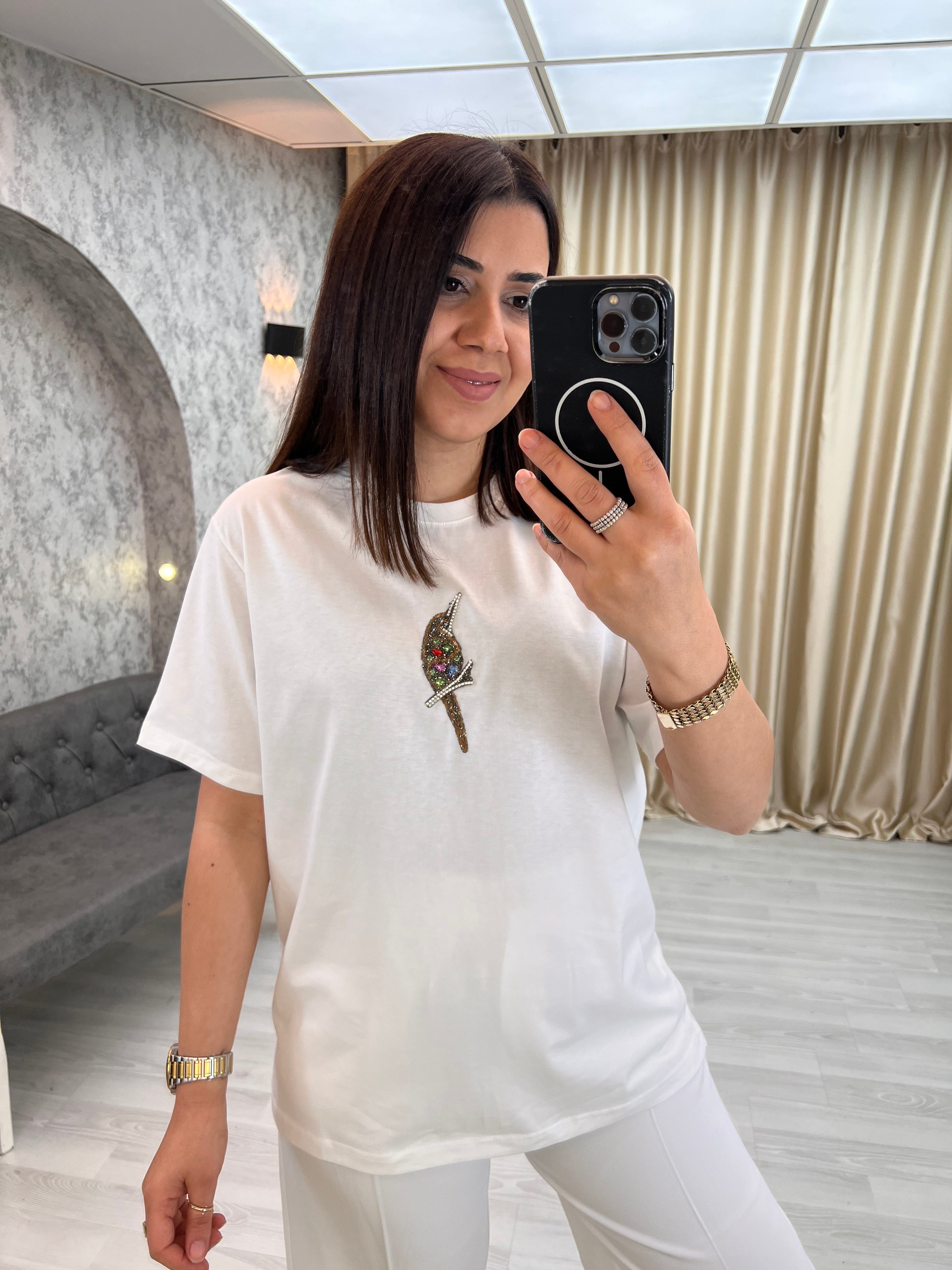 Serçe Kuş Tişört Beyaz