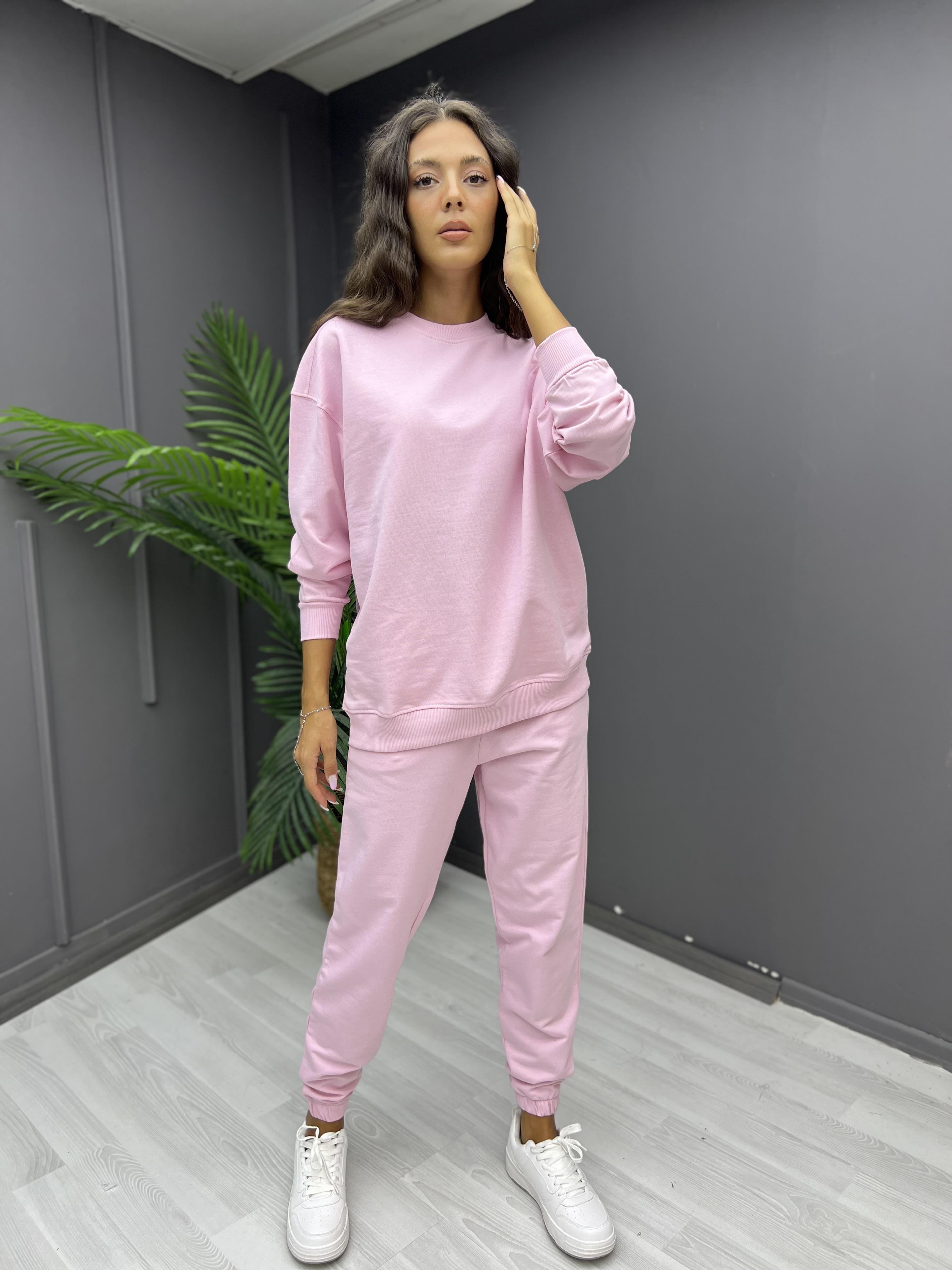Sıfır Yaka İki İp Sweat Pembe