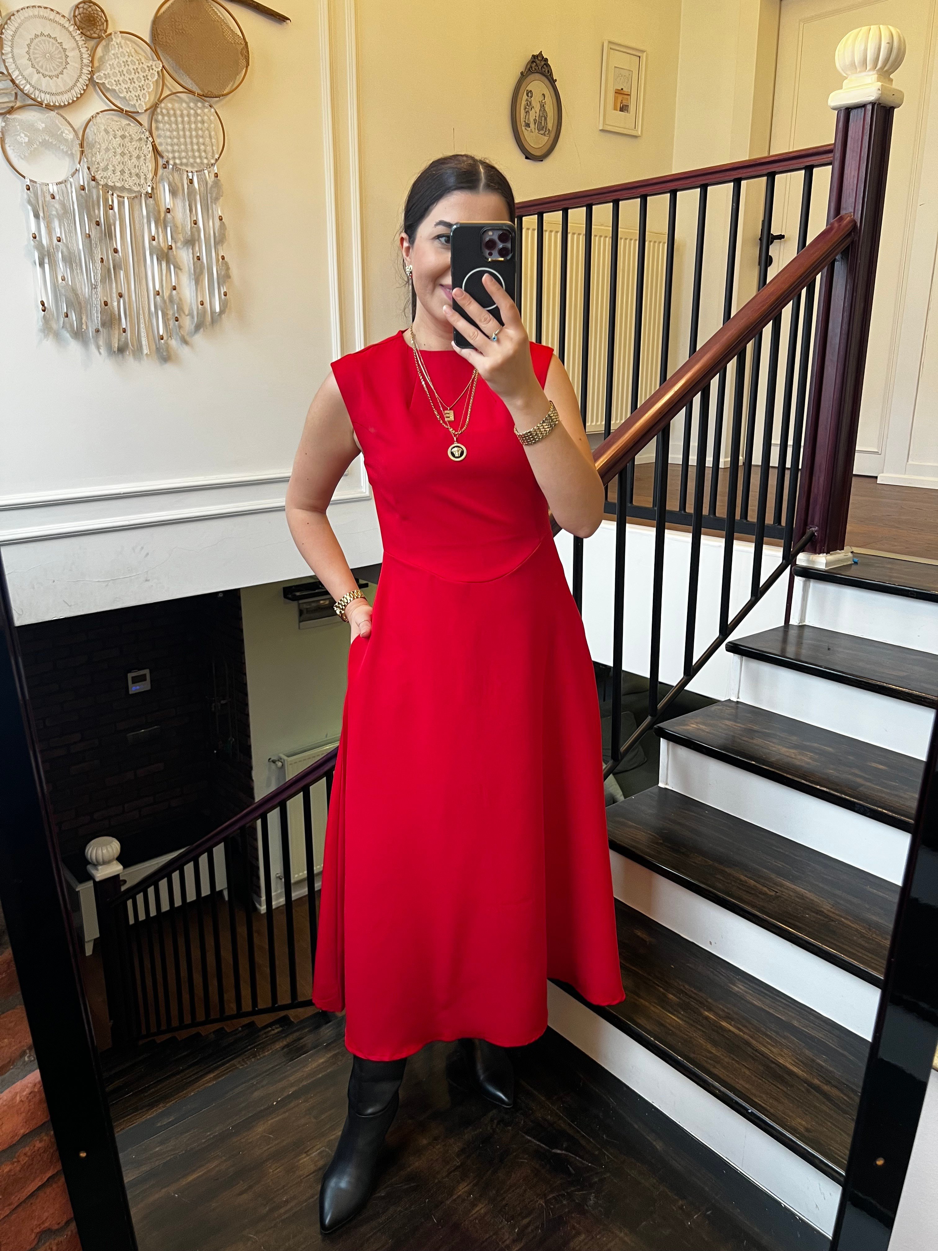 Sıfır Yaka Kiloş Elbise Kırmızı