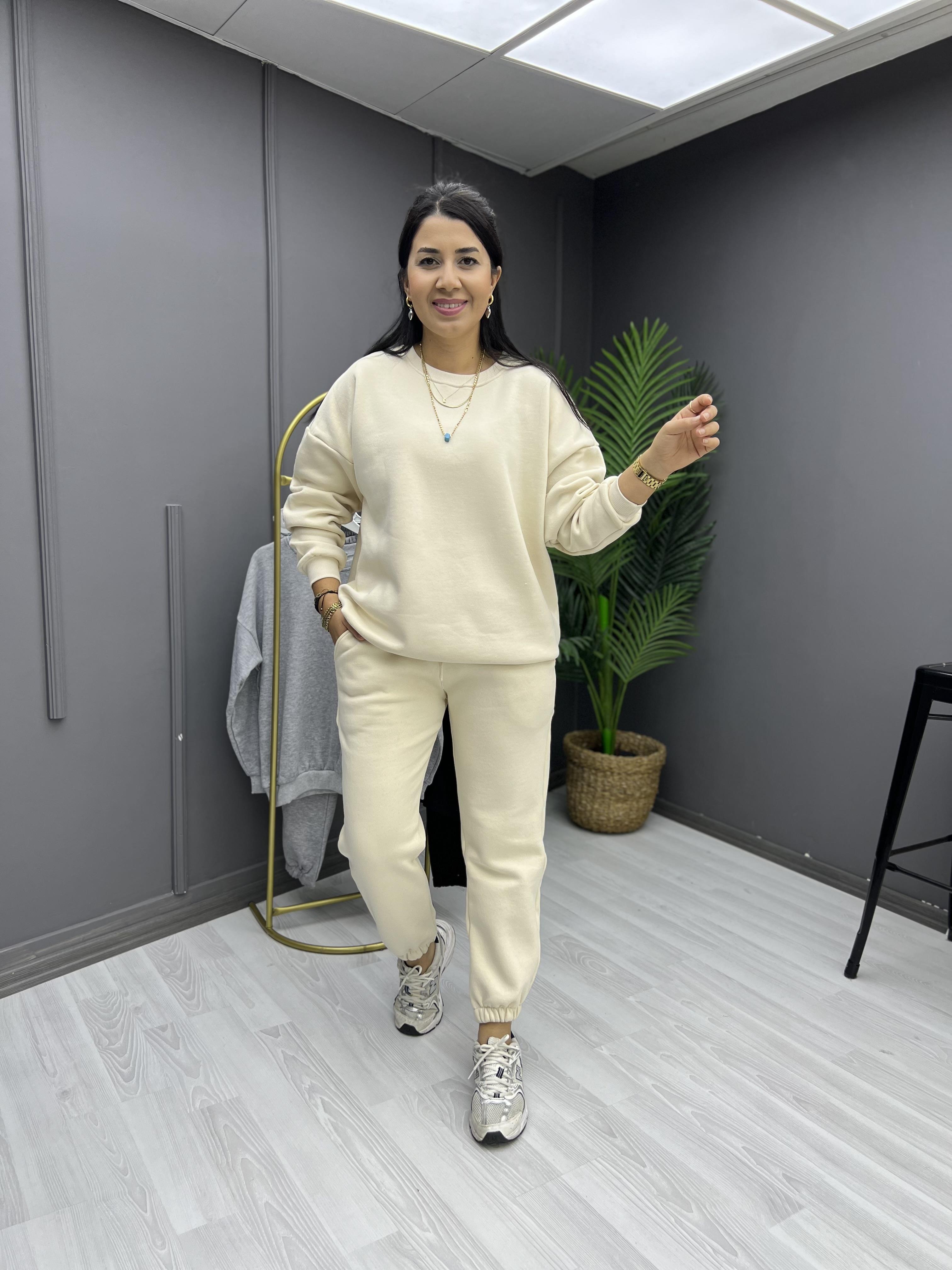 Sıfır Yaka Şardonlu Eşofman Takım Krem