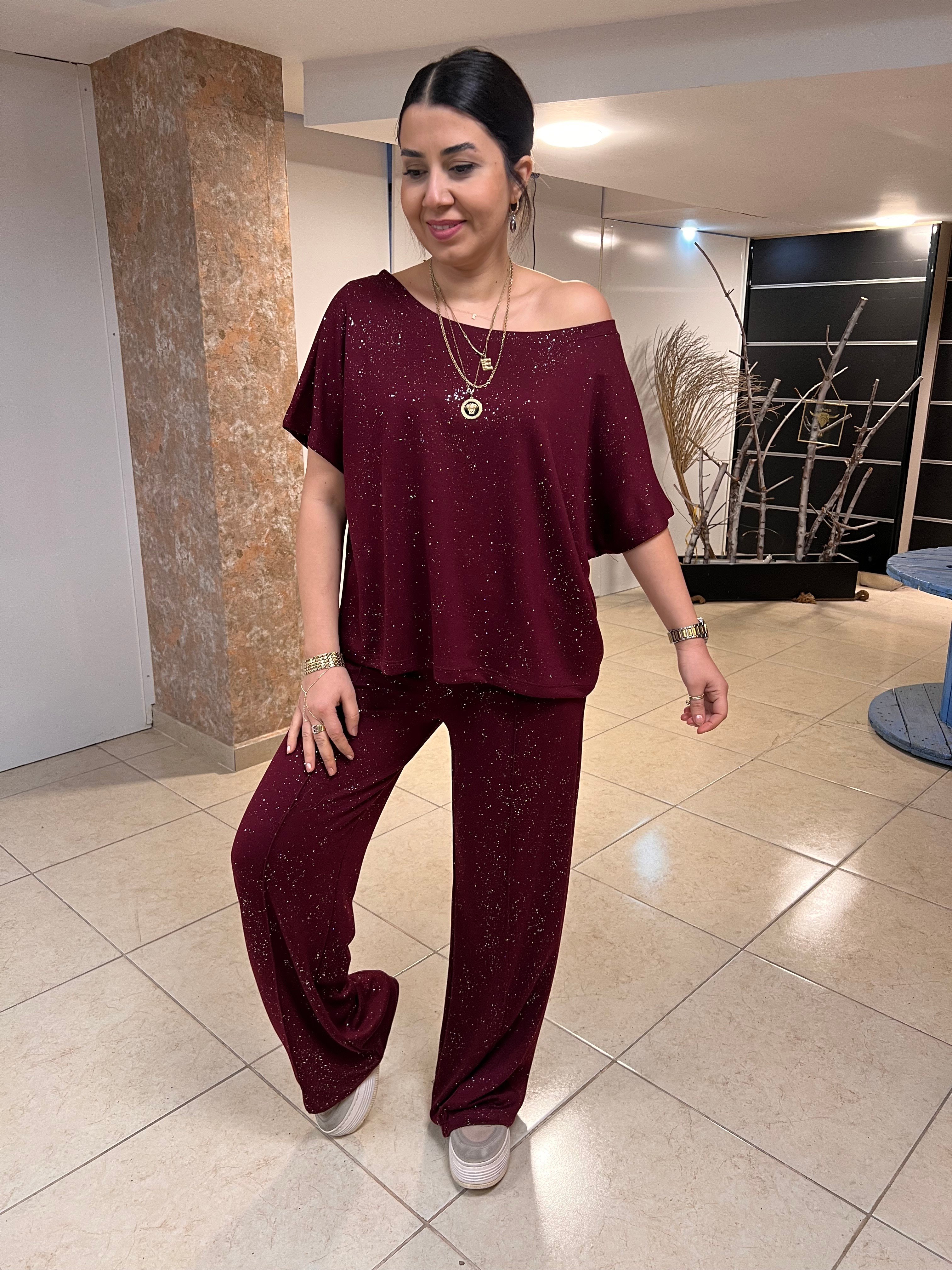 Simli Kayık Yaka Modal Takım Bordo