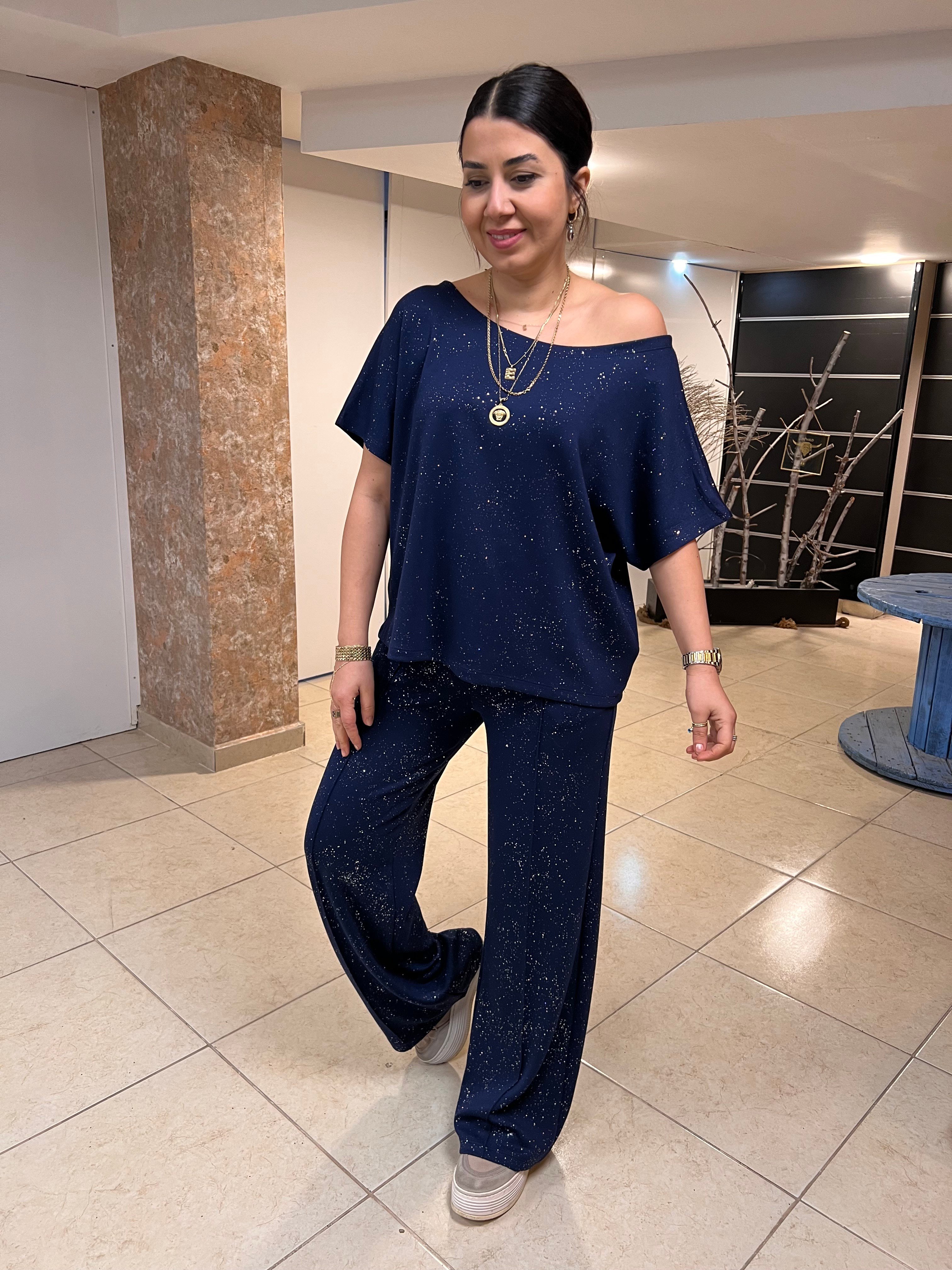 Simli Kayık Yaka Modal Takım Lacivert