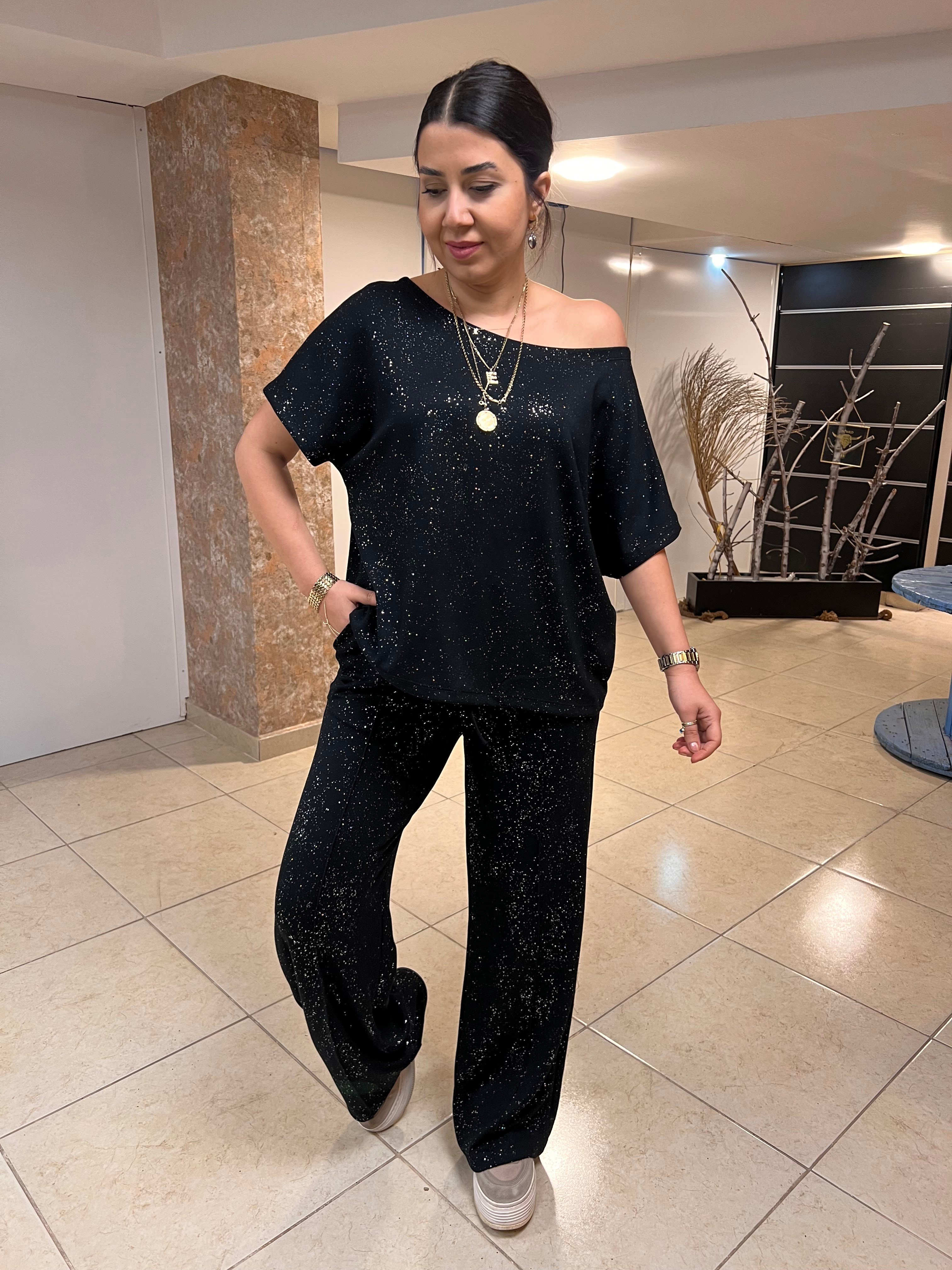 Simli Kayık Yaka Modal Takım Siyah