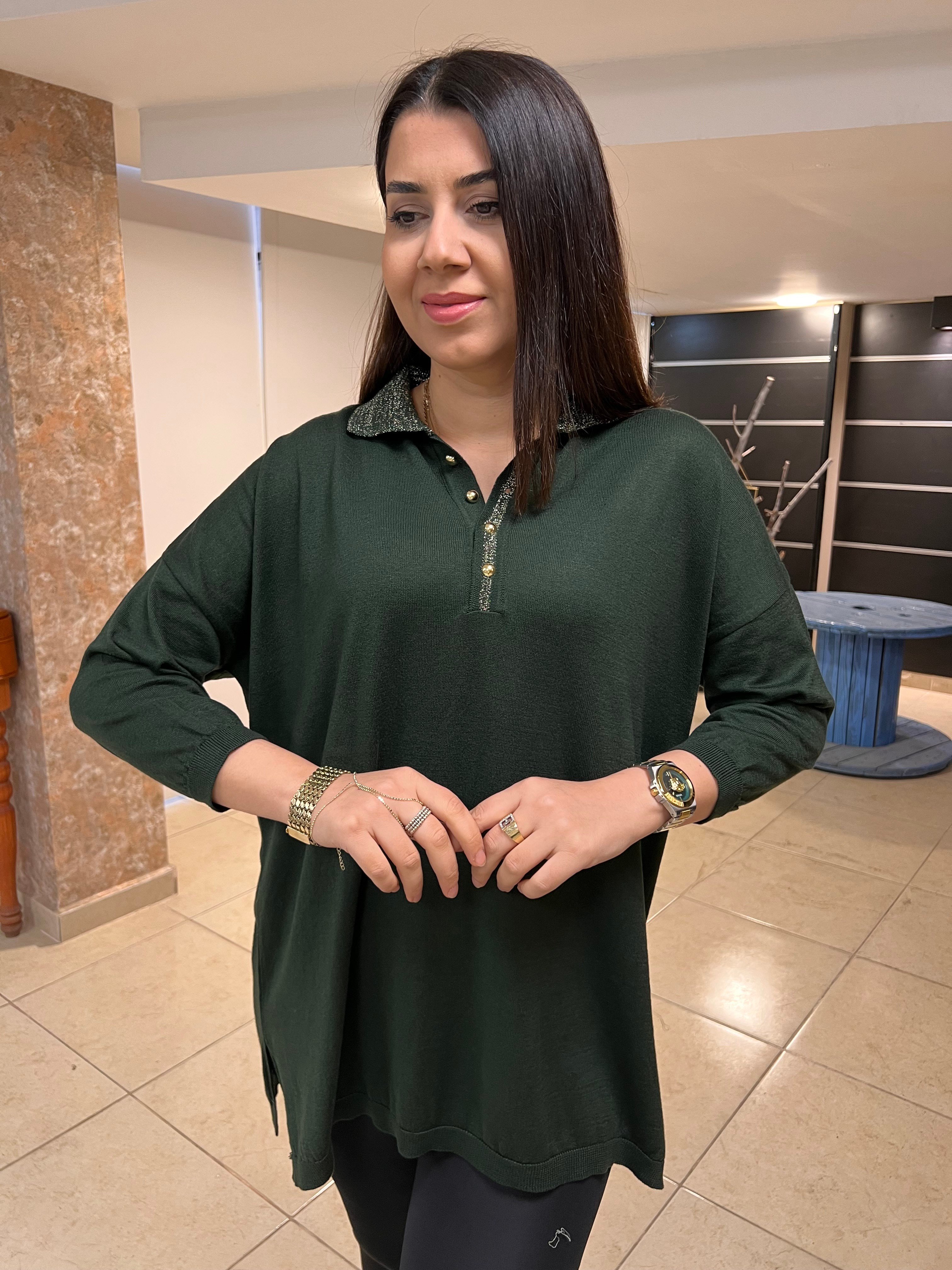 Simli Polo Yaka Triko Bluz Haki