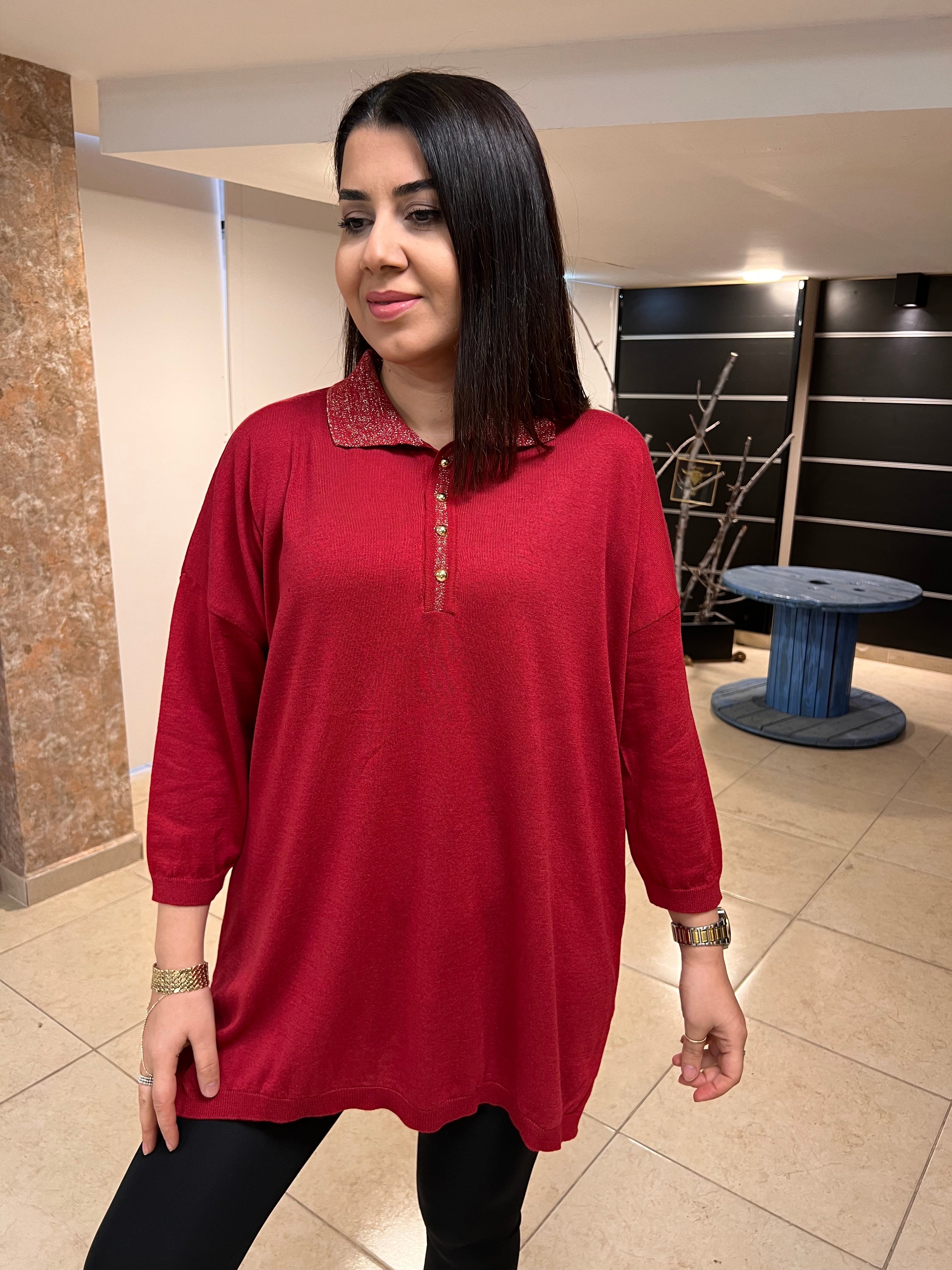 Simli Polo Yaka Triko Bluz Kırmızı