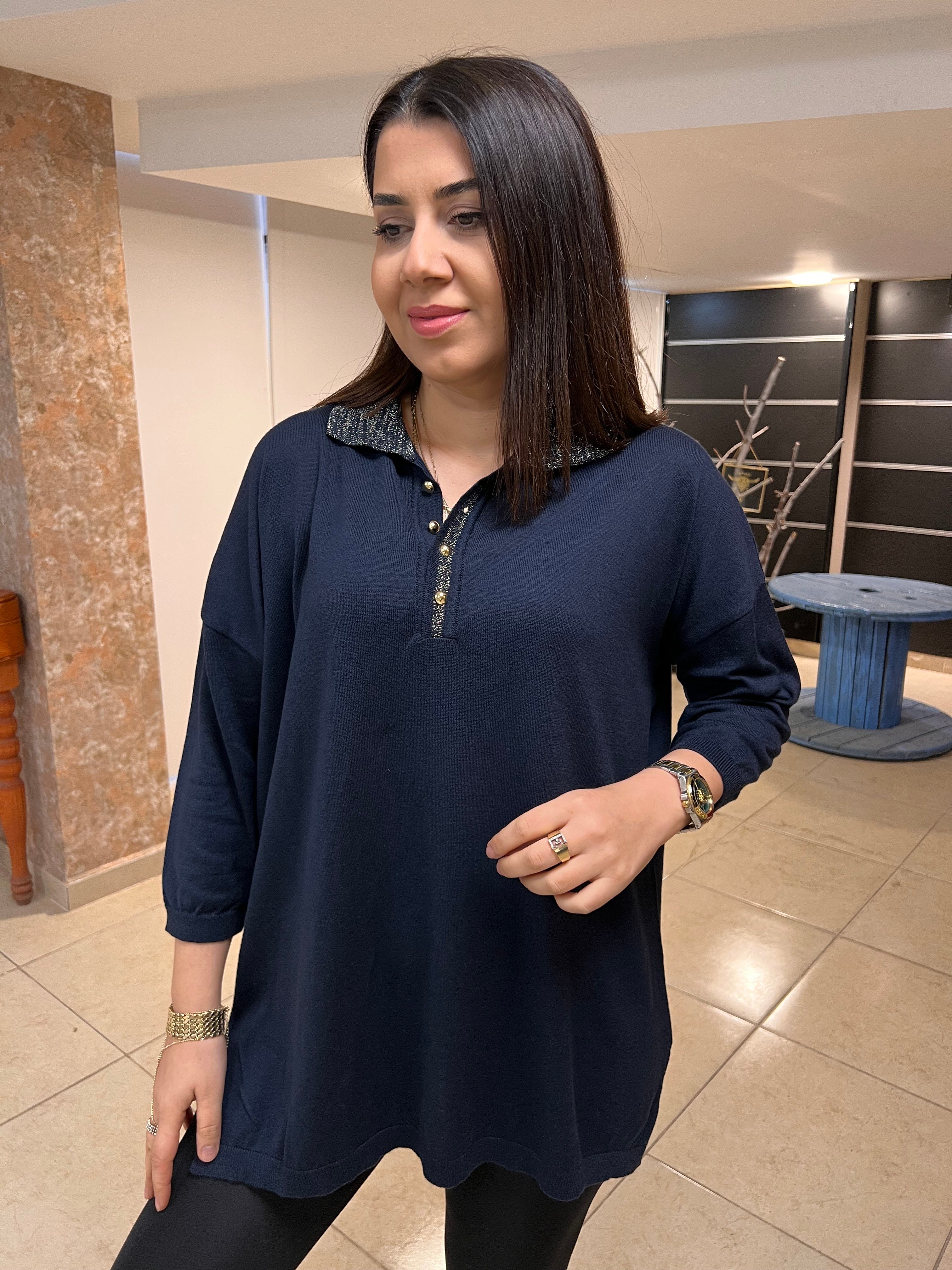 Simli Polo Yaka Triko Bluz Lacivert