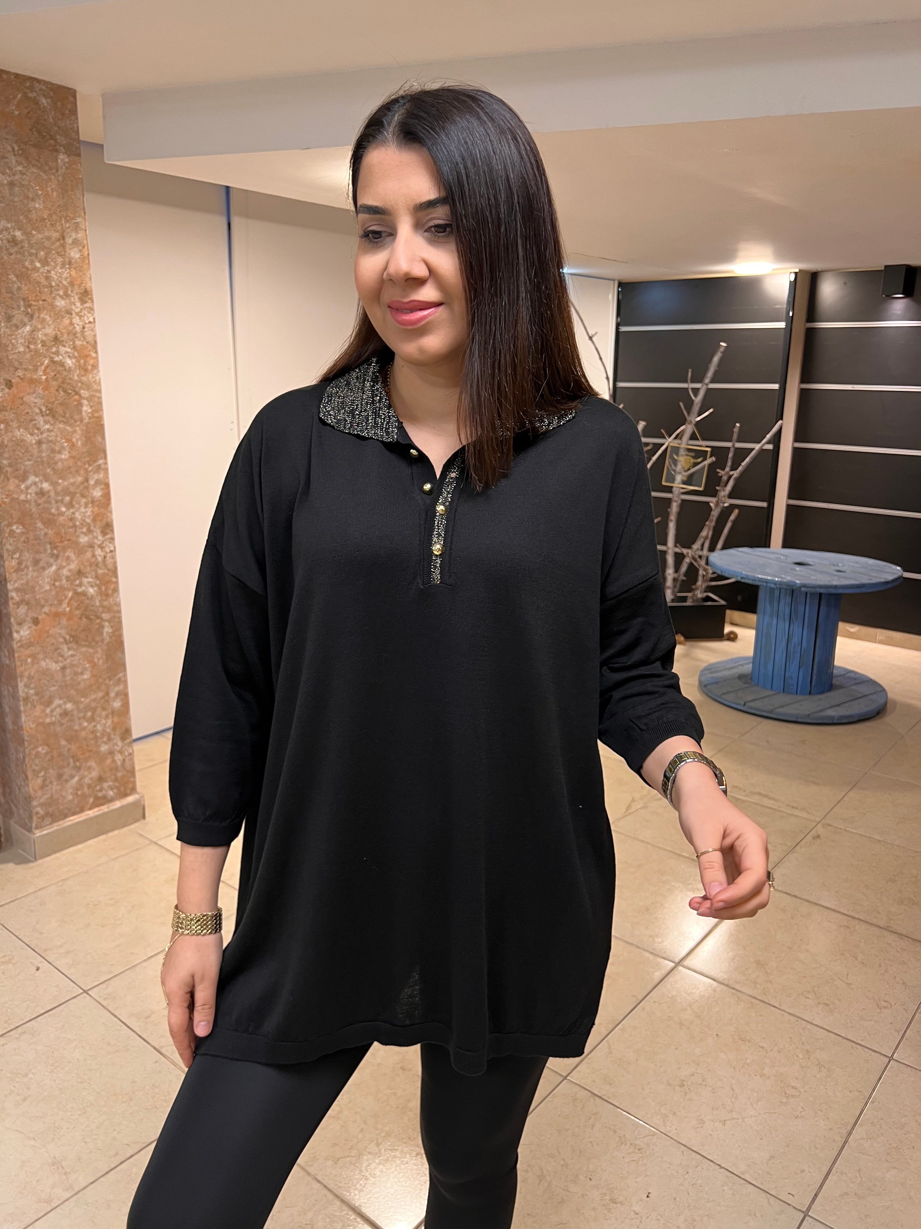 Simli Polo Yaka Triko Bluz Siyah