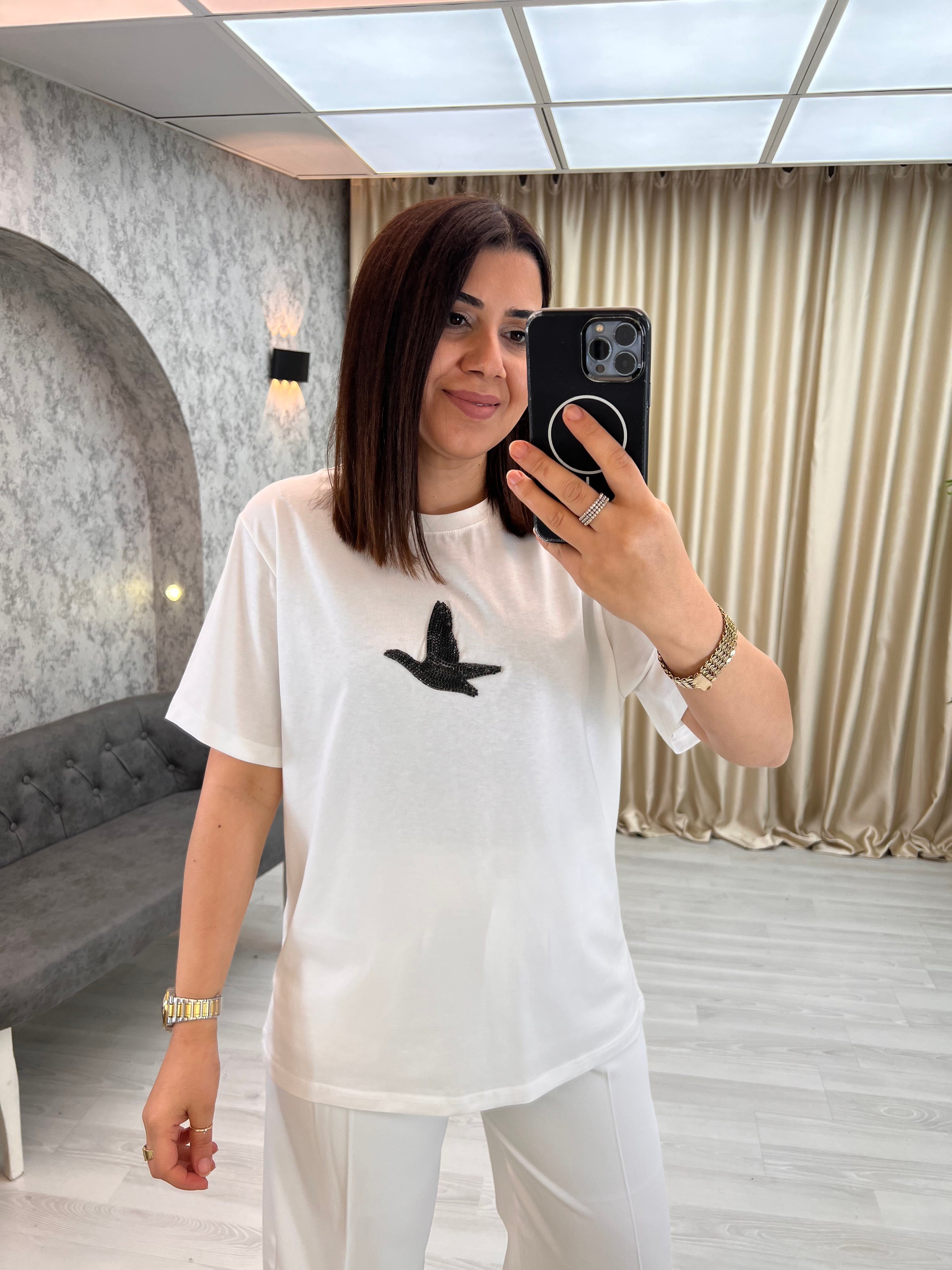 Siyah Kuş Tişört Beyaz