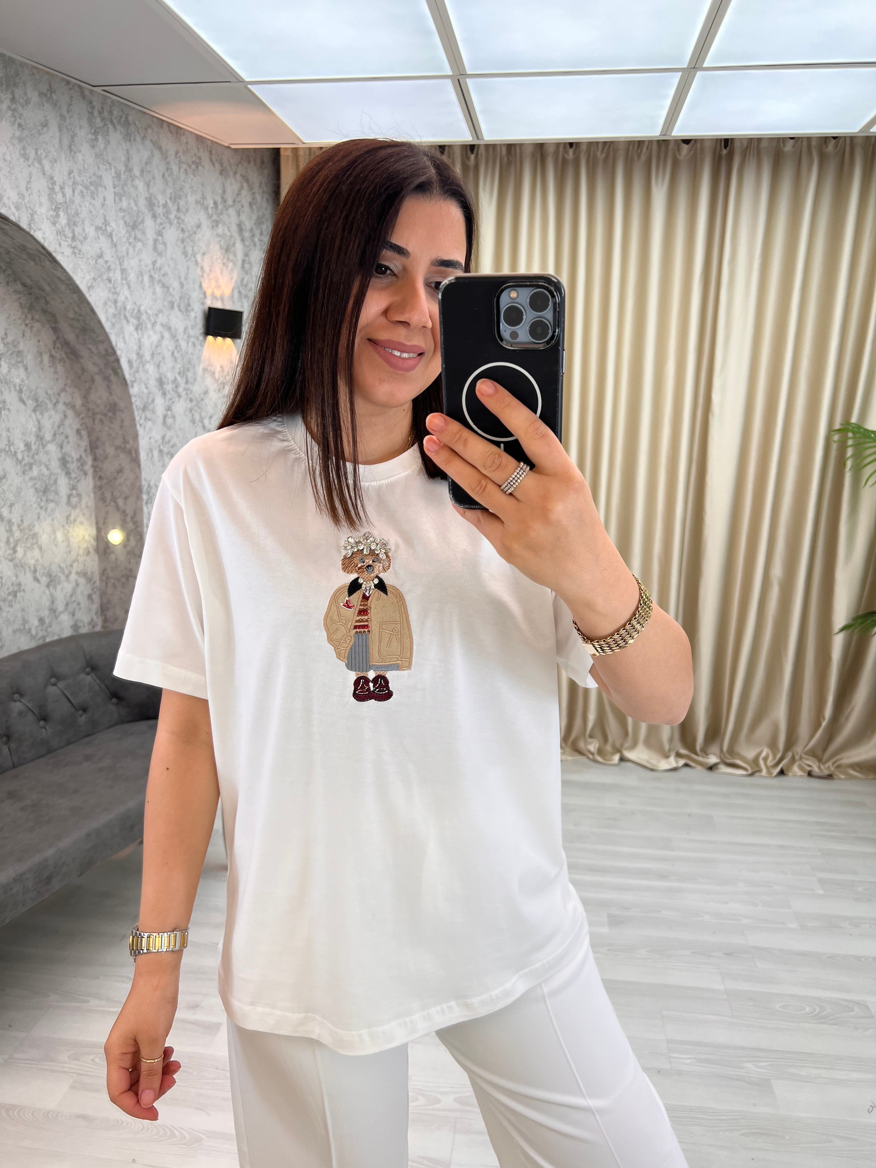 Taçlı Köpek Tişört Beyaz