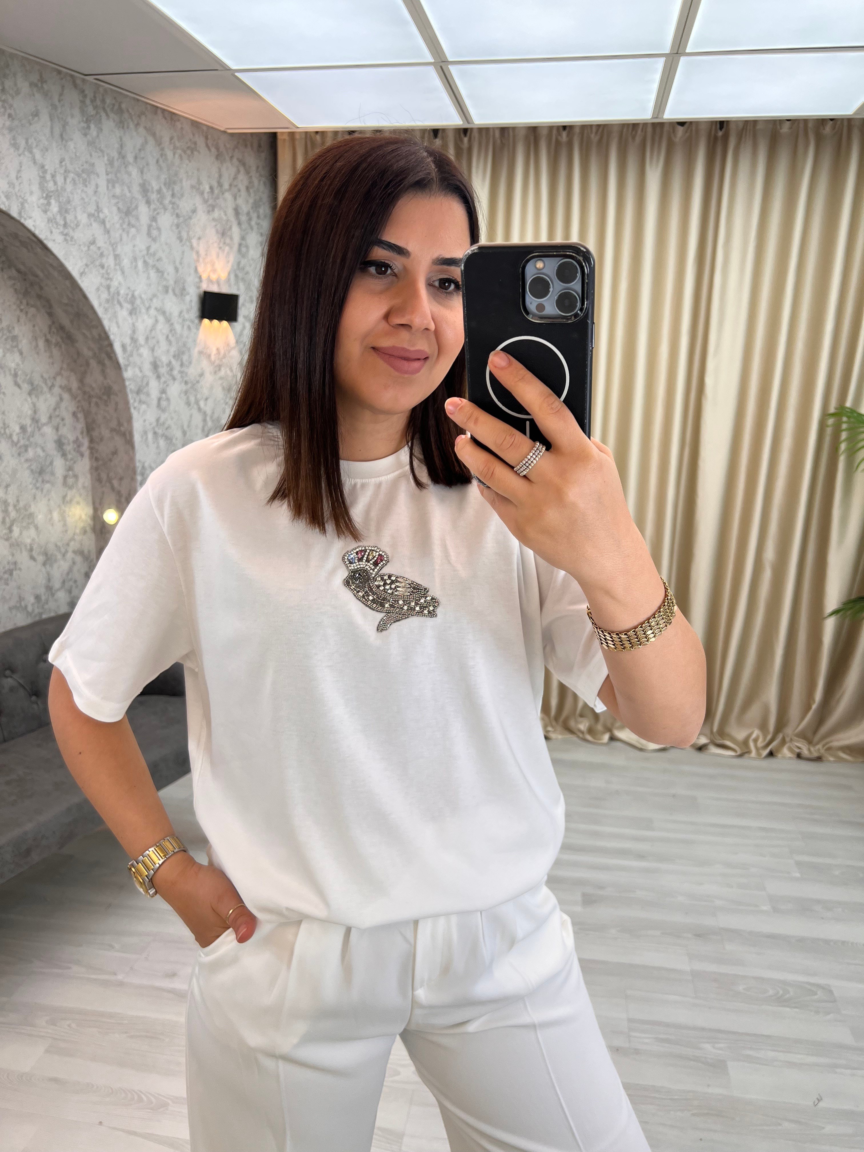 Taçlı  Kuş Tişört Beyaz