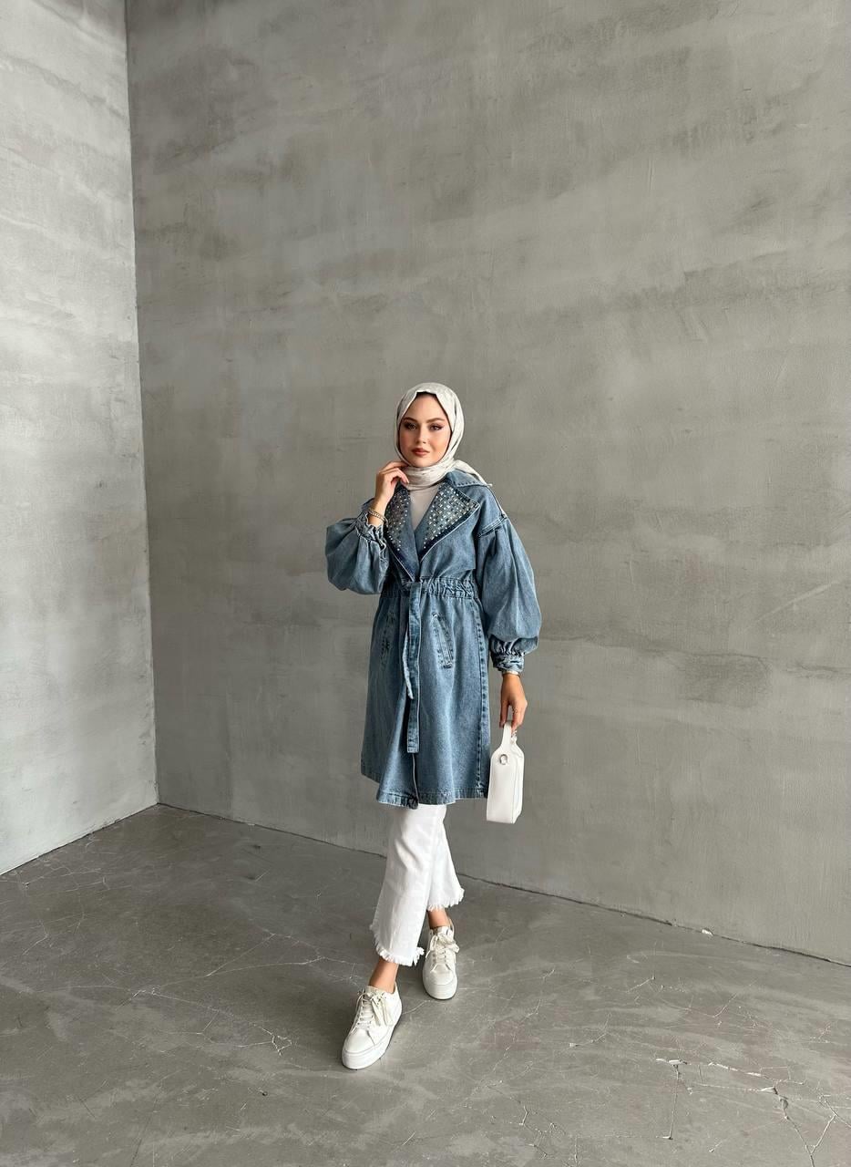 Taşlı Denim Cepli Trençkot Açık Mavi