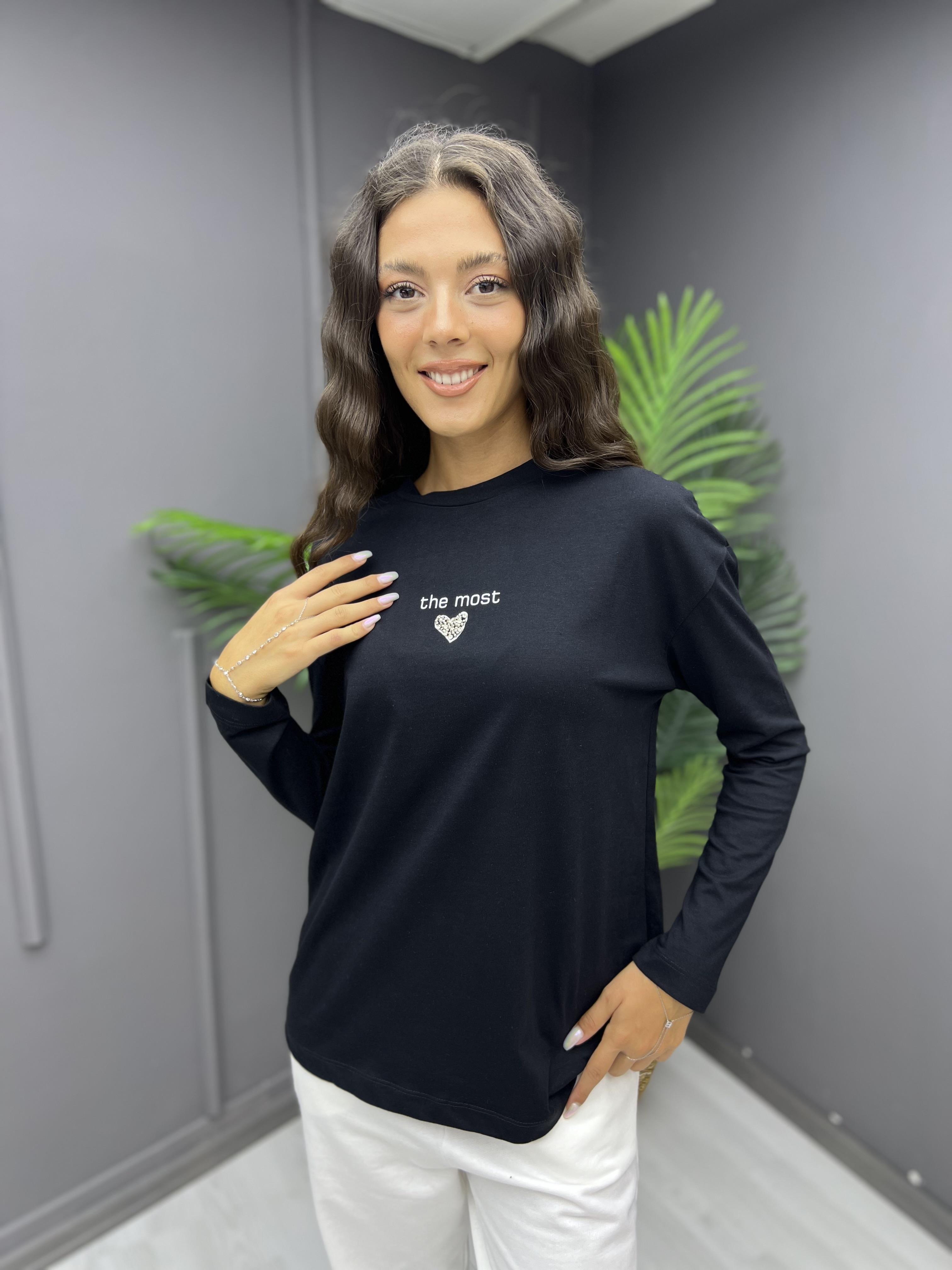 Taşlı Kalp Detay Sweat Siyah