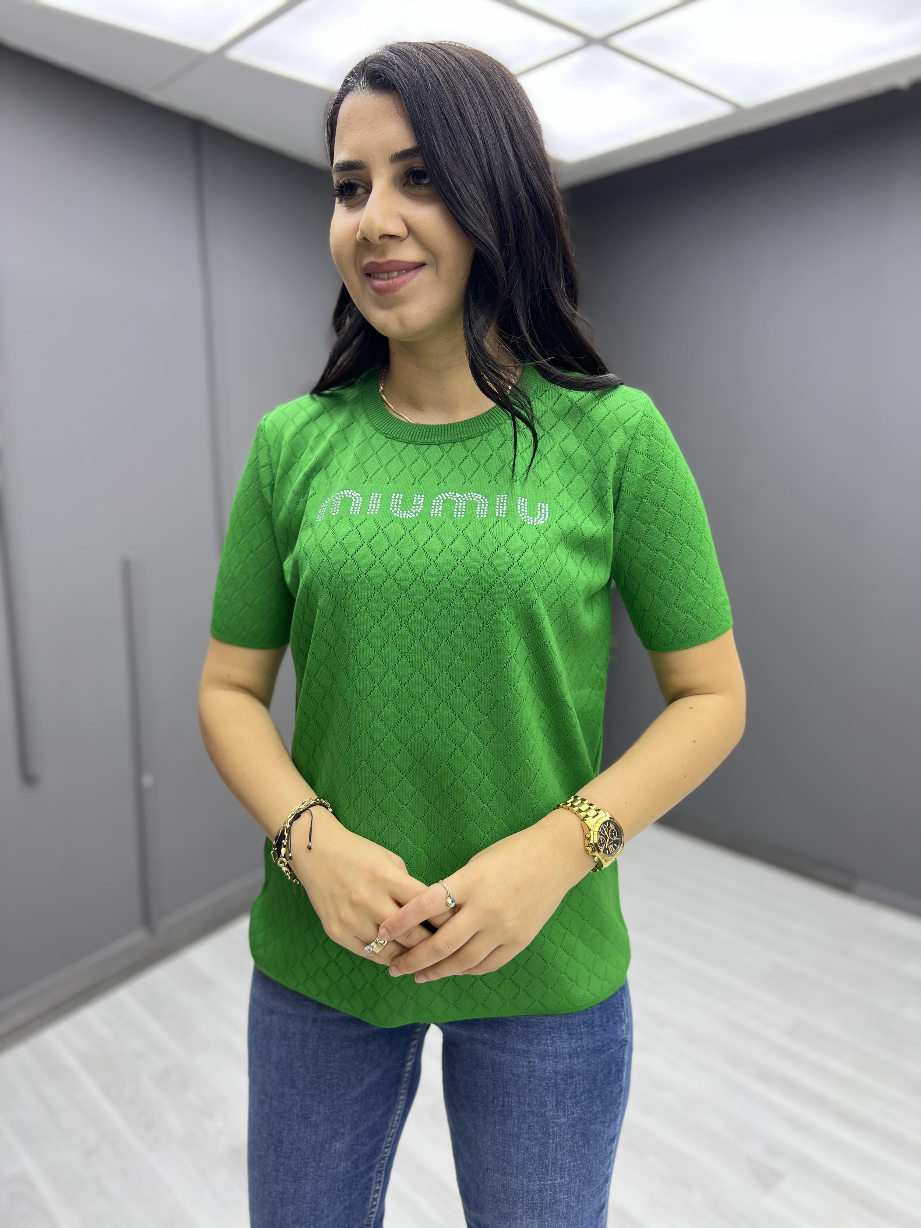 Taşlı Kısa Kol Triko Bluz Çimenyeşili