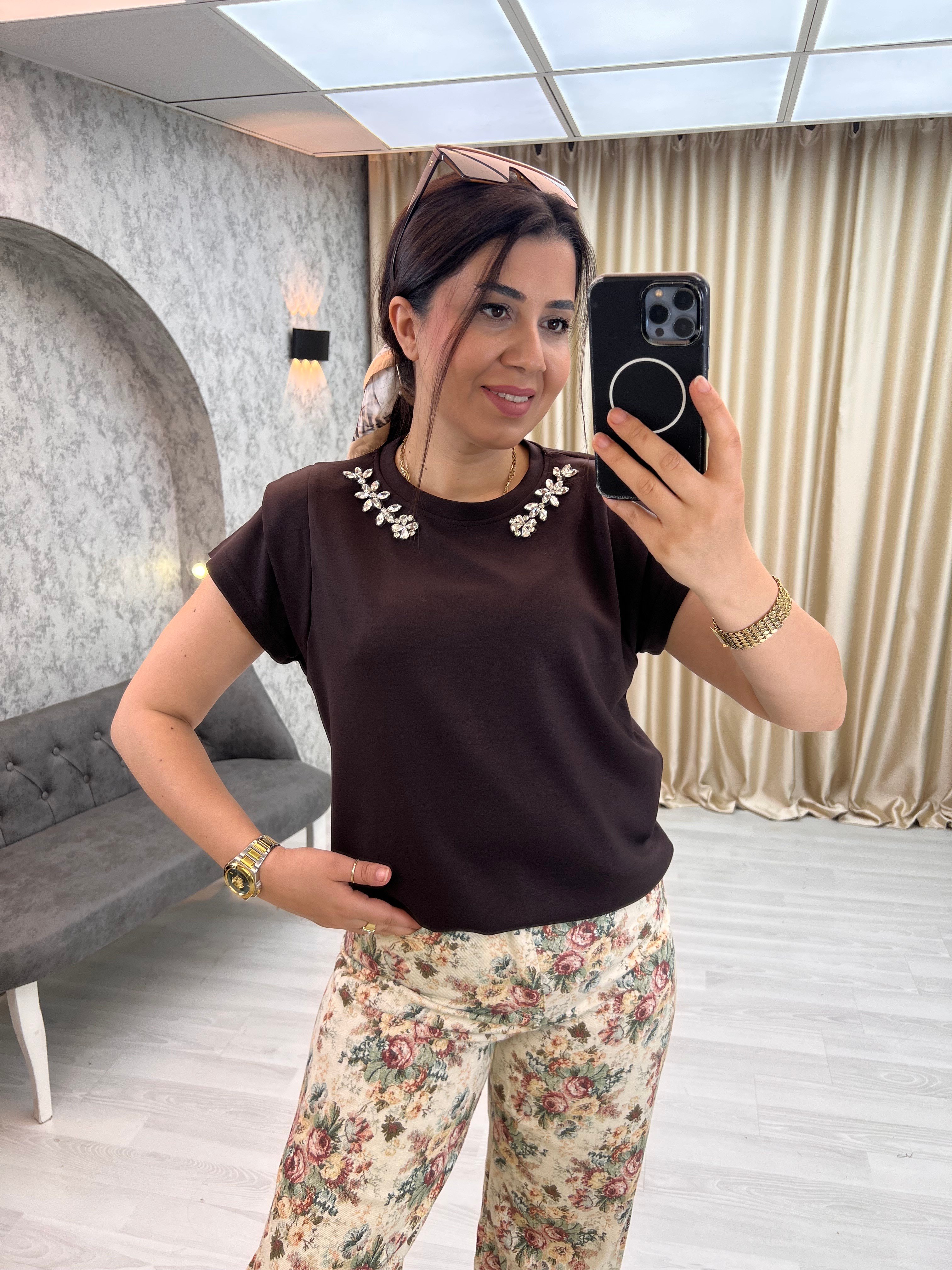 Taşlı Vatkalı Modal Bluz Kahverengi