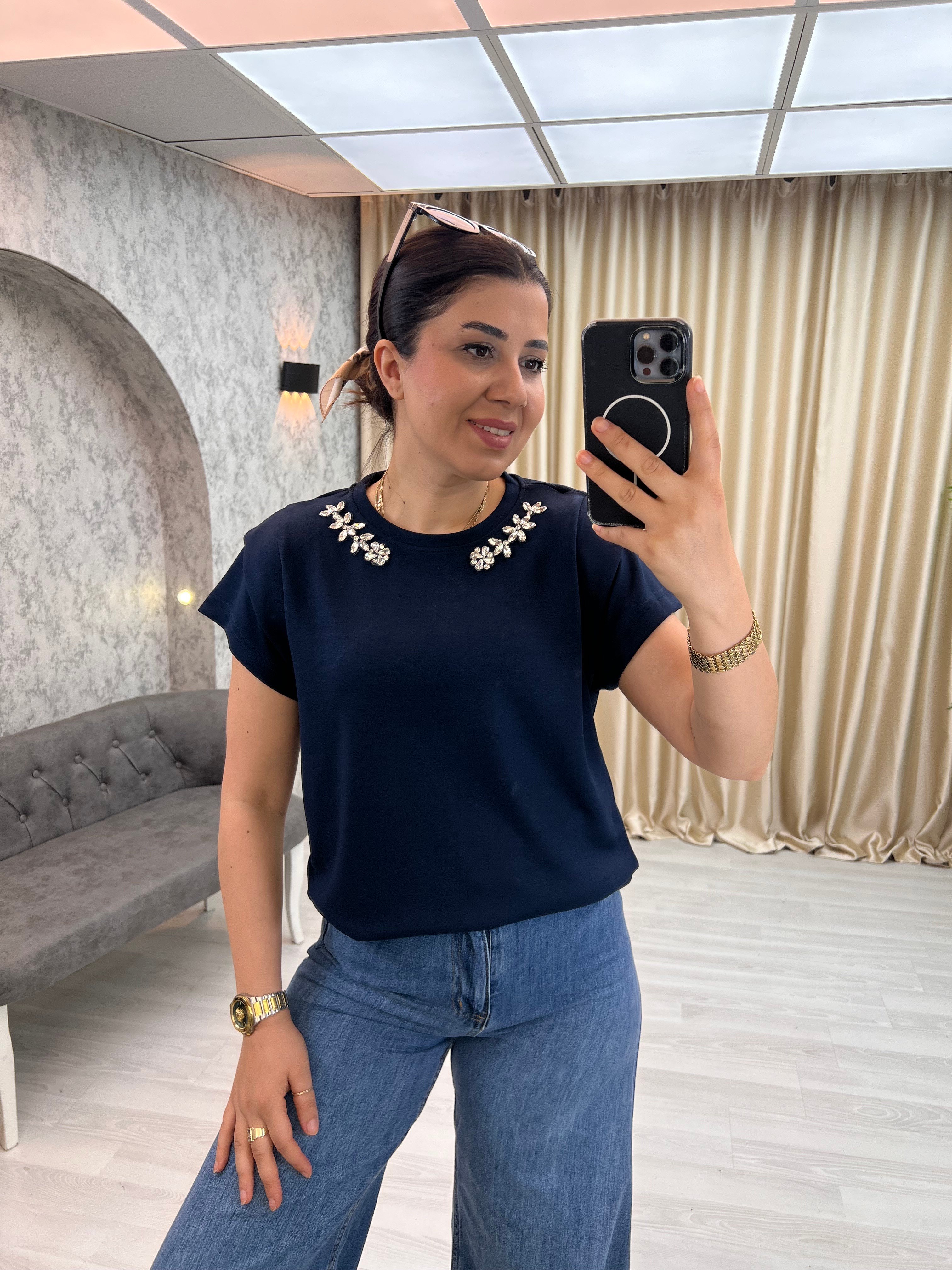 Taşlı Vatkalı Modal Bluz Lacivert