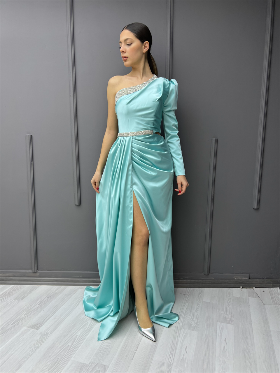 Tek Kol Beli Dekolteli Elbise Turkuaz