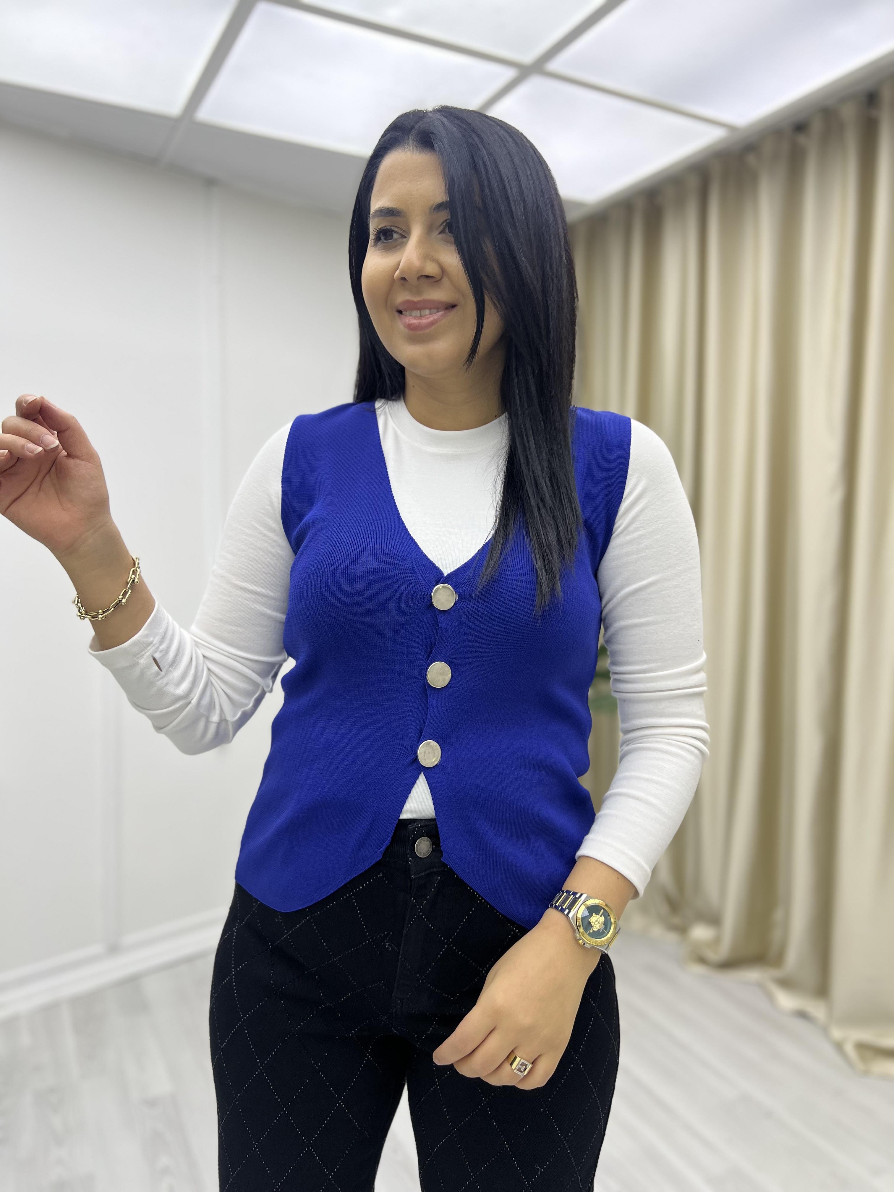 Triko Üç Düğmeli Yelek Saks