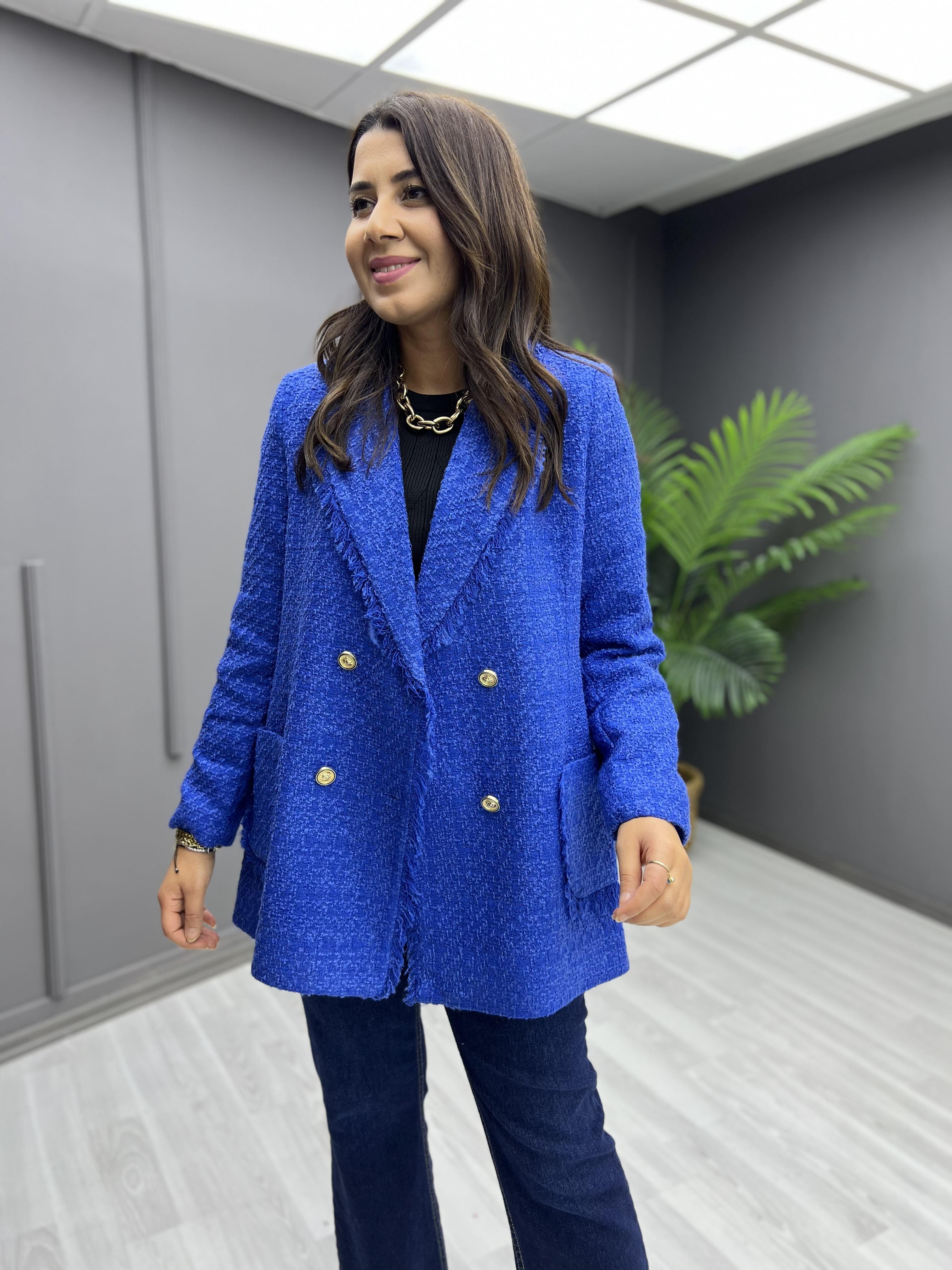 Tüvit Püsküllü Ceket Saks