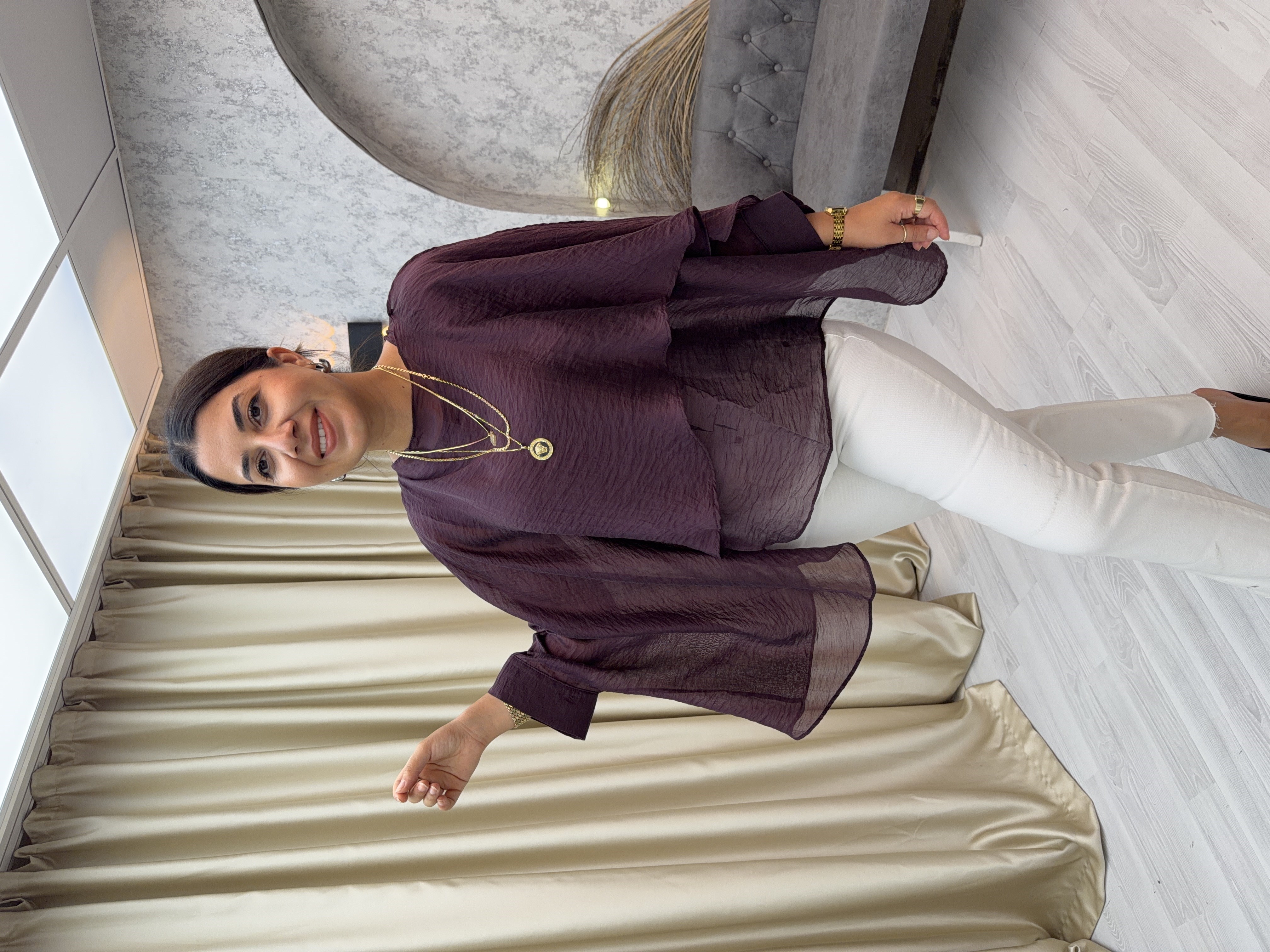 Uçuşan Pelerin Bluz Mürdüm