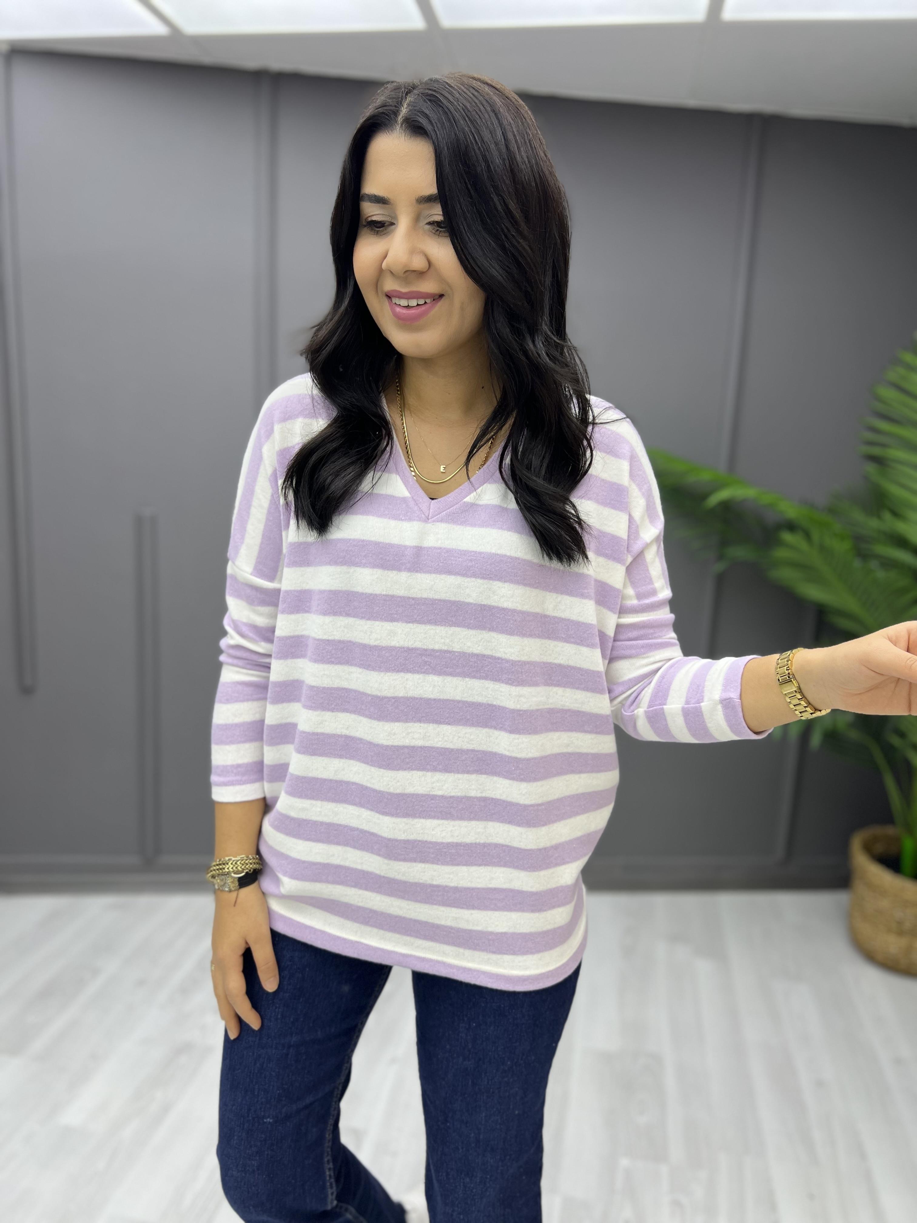 V Yaka Basic Çizgili Yumoş Sweat Lila