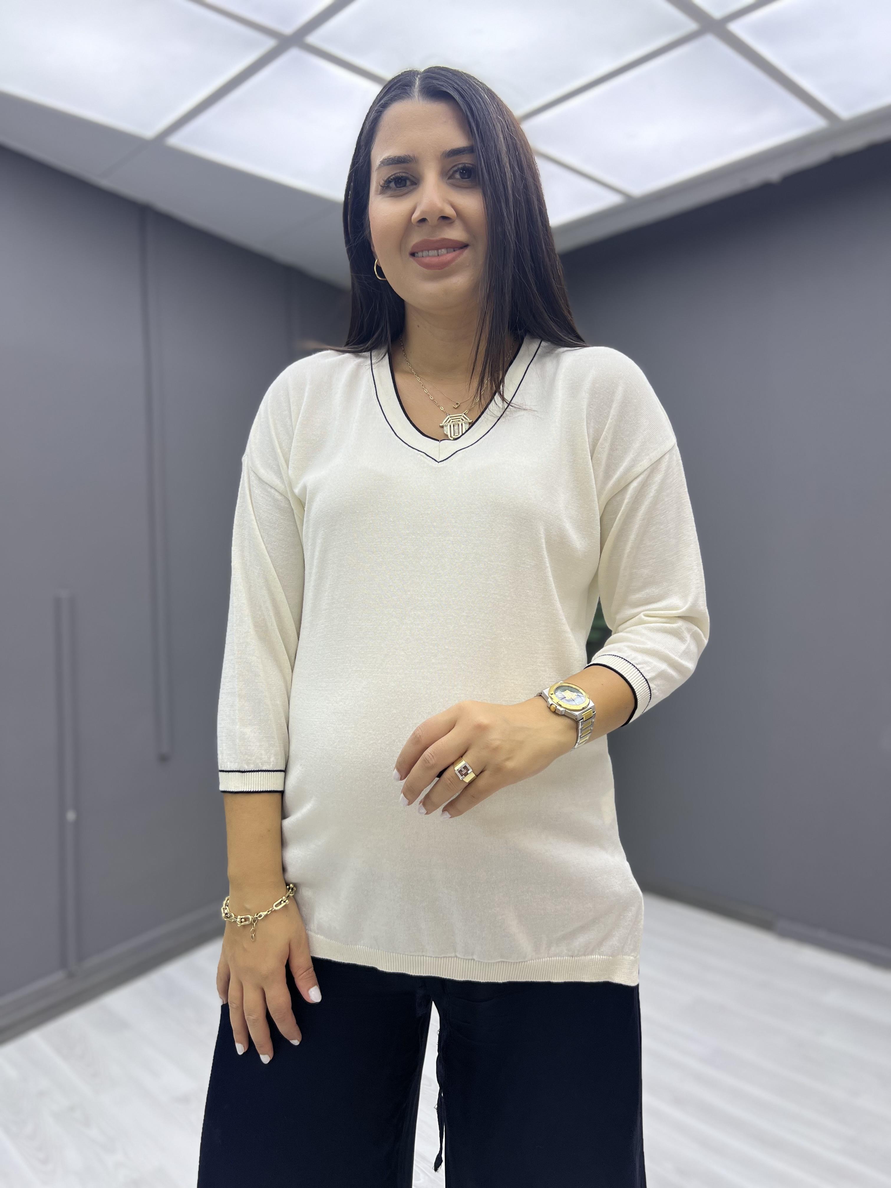 V Yaka Biyeli Pamuk Triko Bluz Ekru