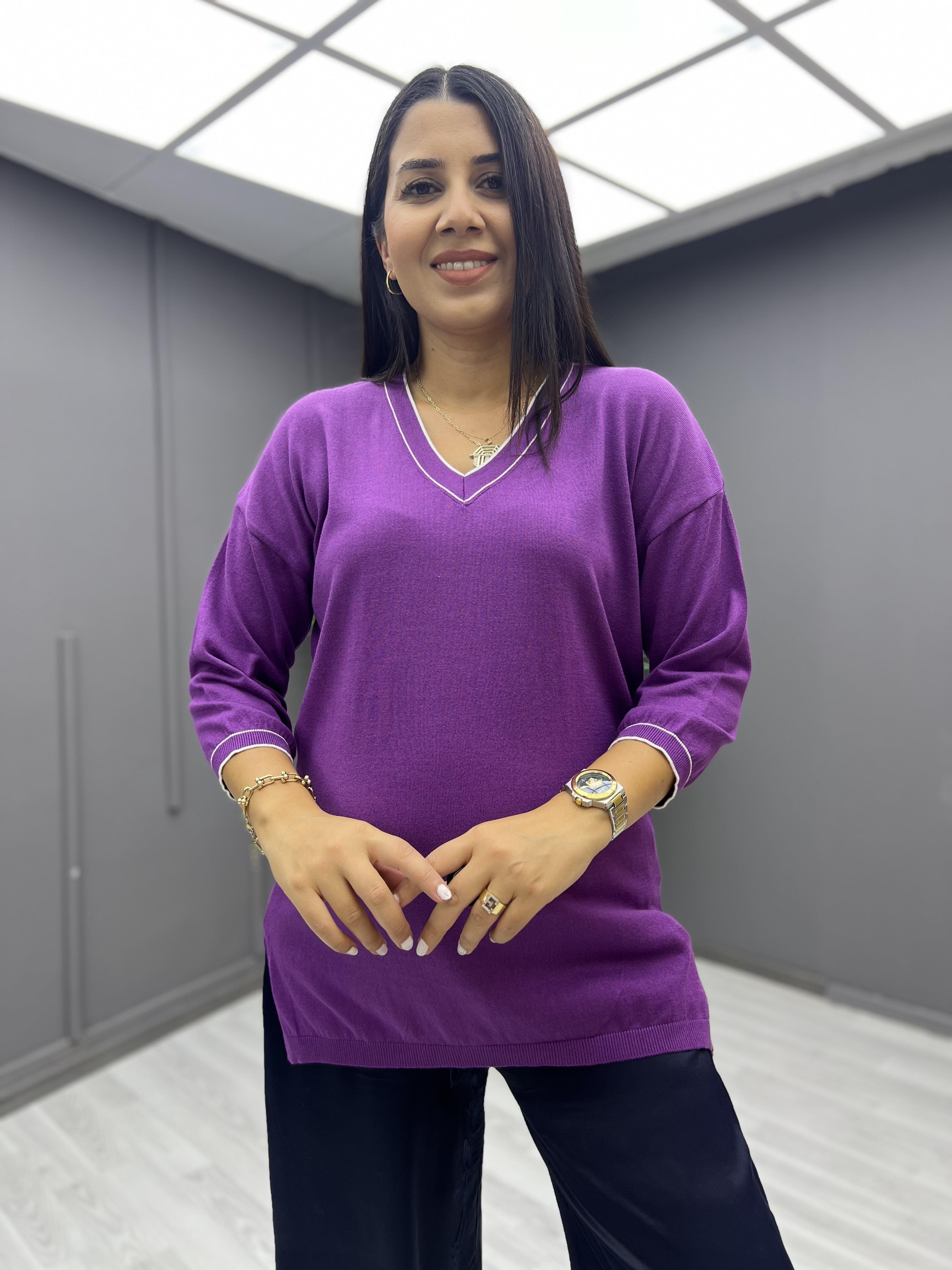 V Yaka Biyeli Pamuk Triko Bluz Mürdüm