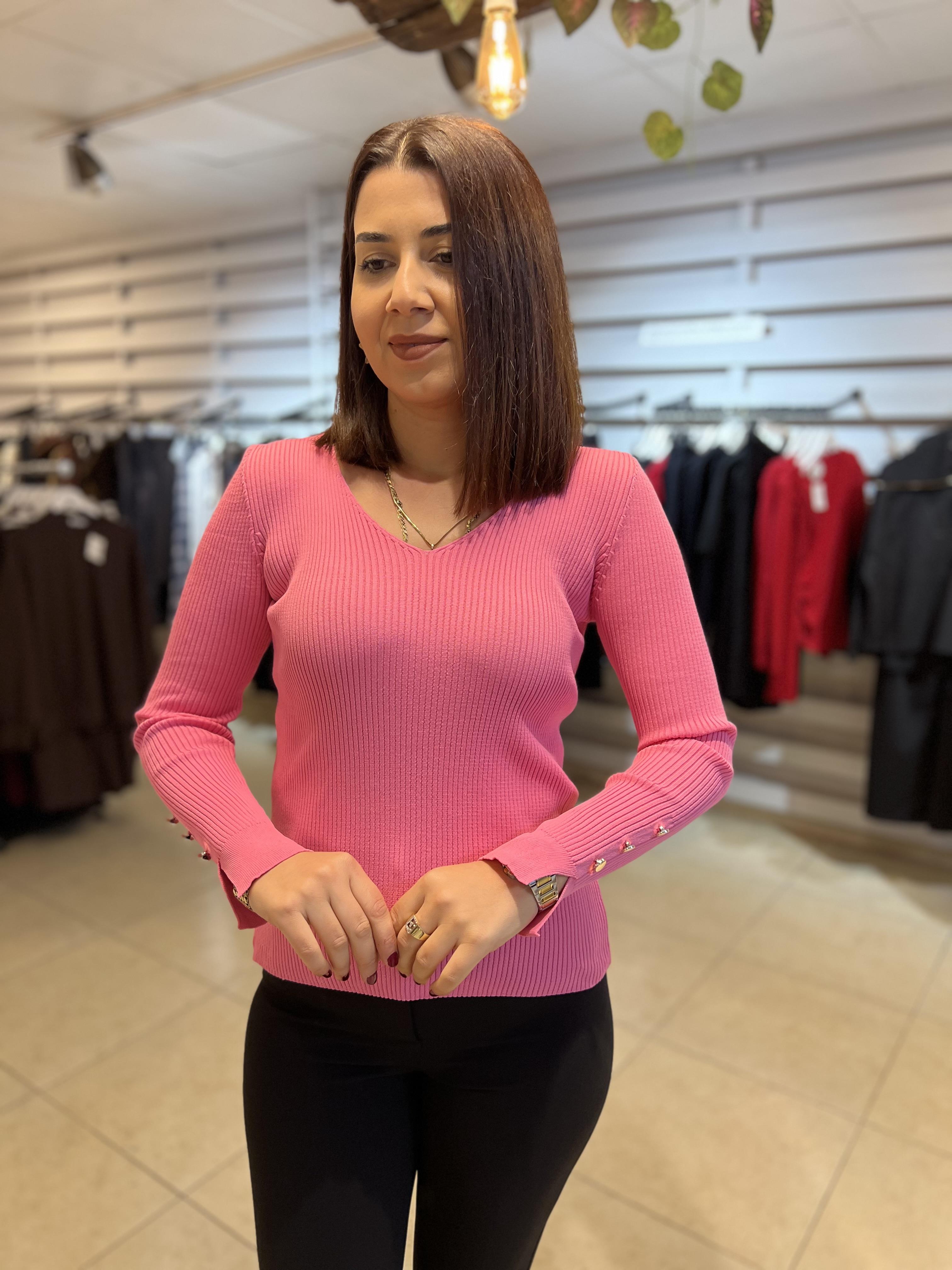 V Yaka Gold Düğmeli Triko Bluz Pembe