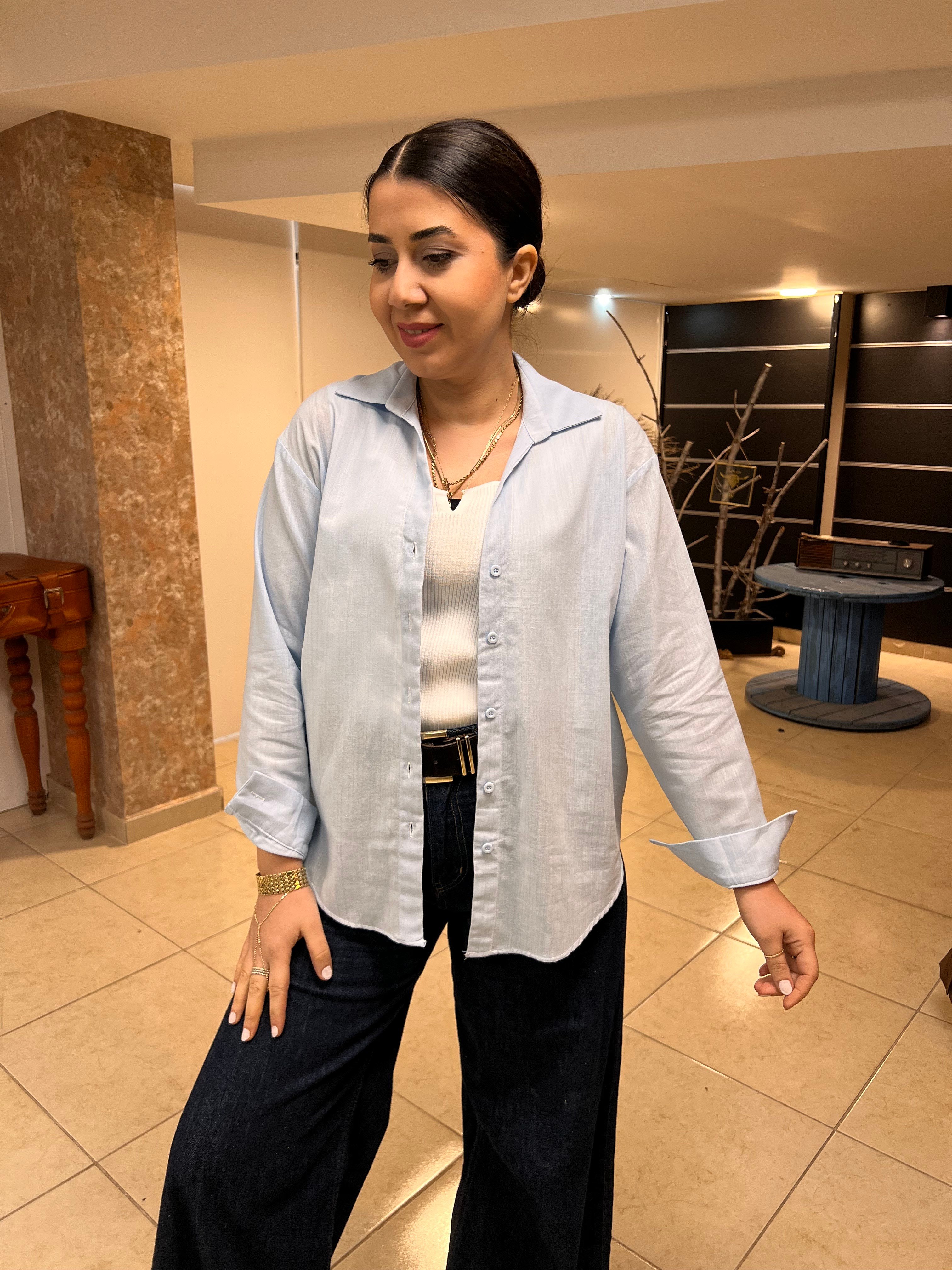 V Yaka Keten Düz Gömlek Bebemavi