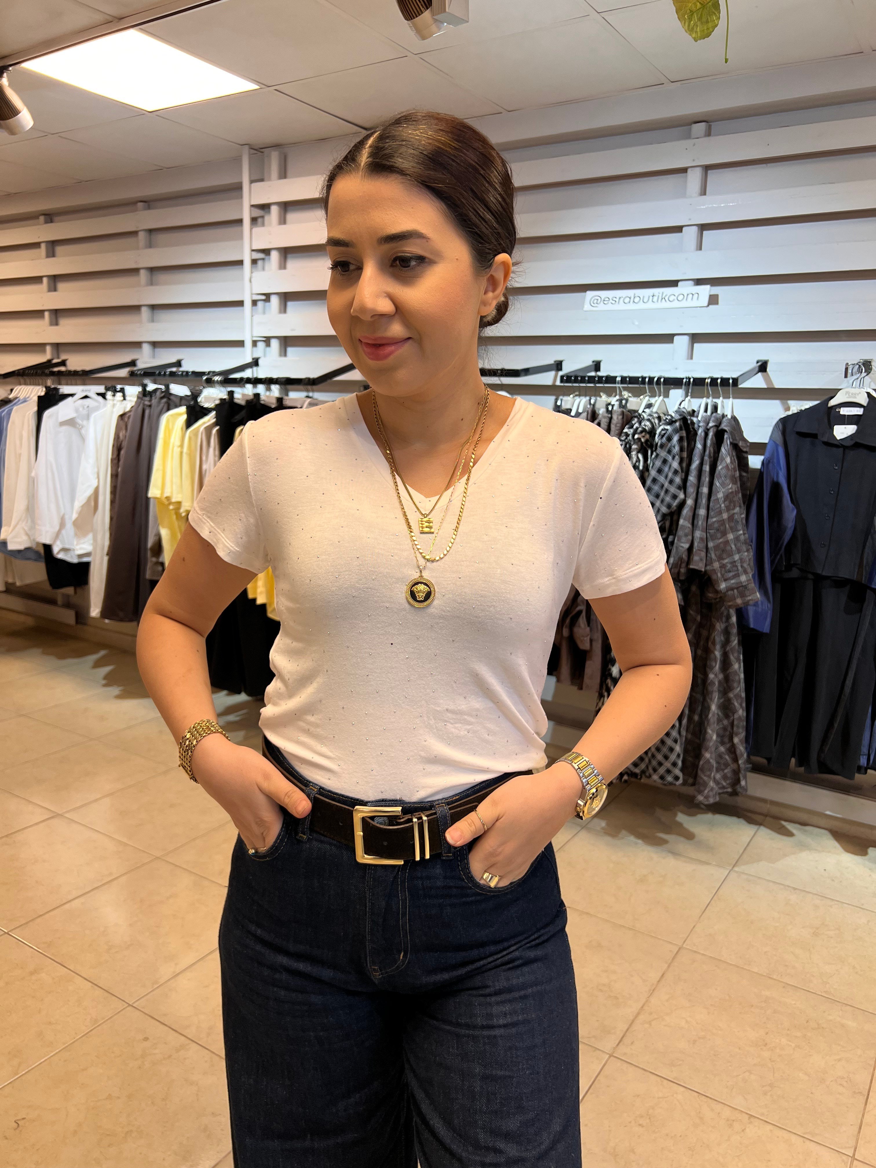 V Yaka Taşlı BLUZ Beyaz