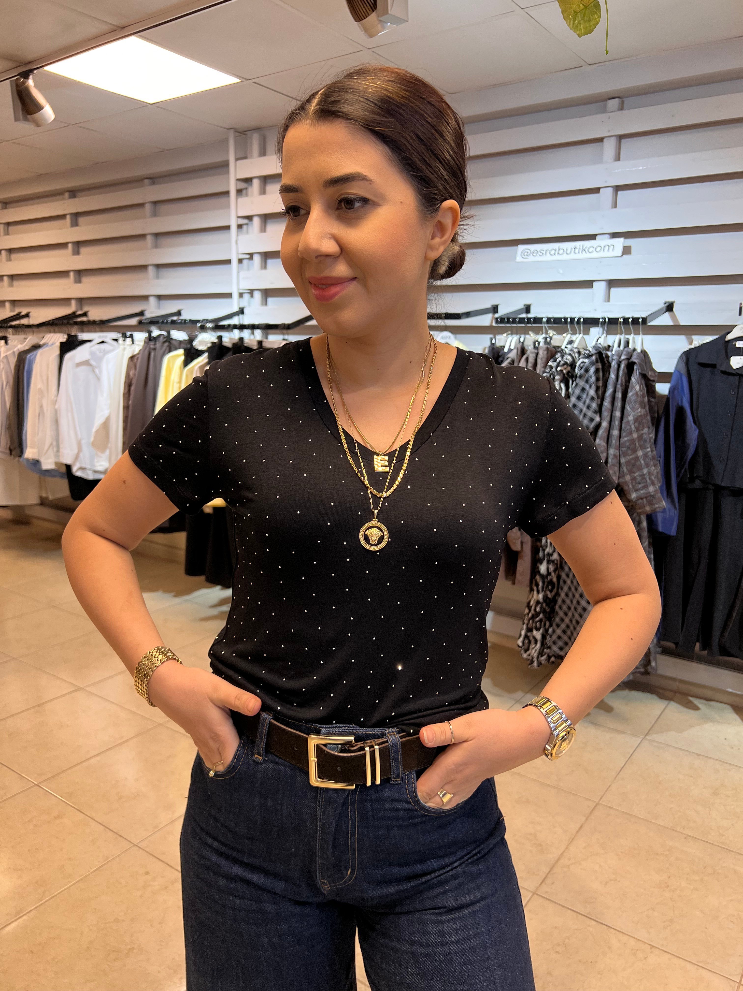 V Yaka Taşlı BLUZ Siyah