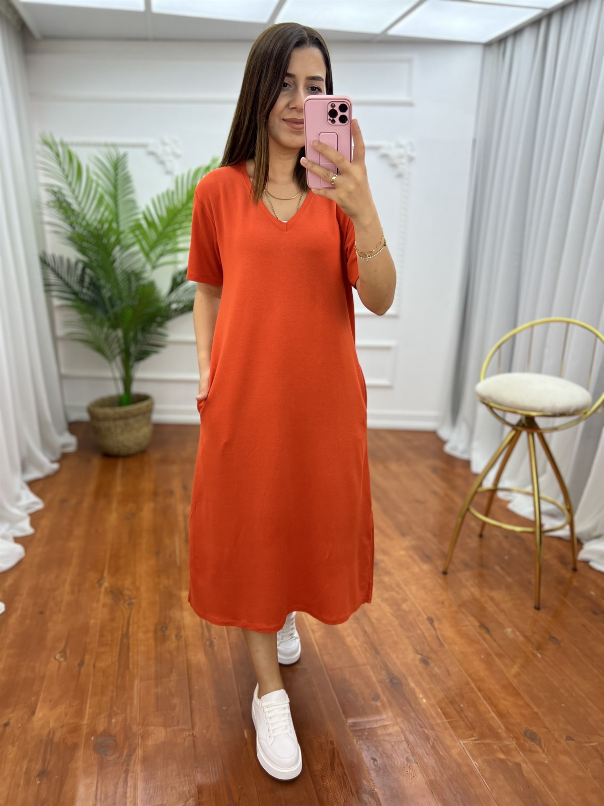 V Yaka Yan Yırtmaçlı Viskon İki İp Elbise Oranj