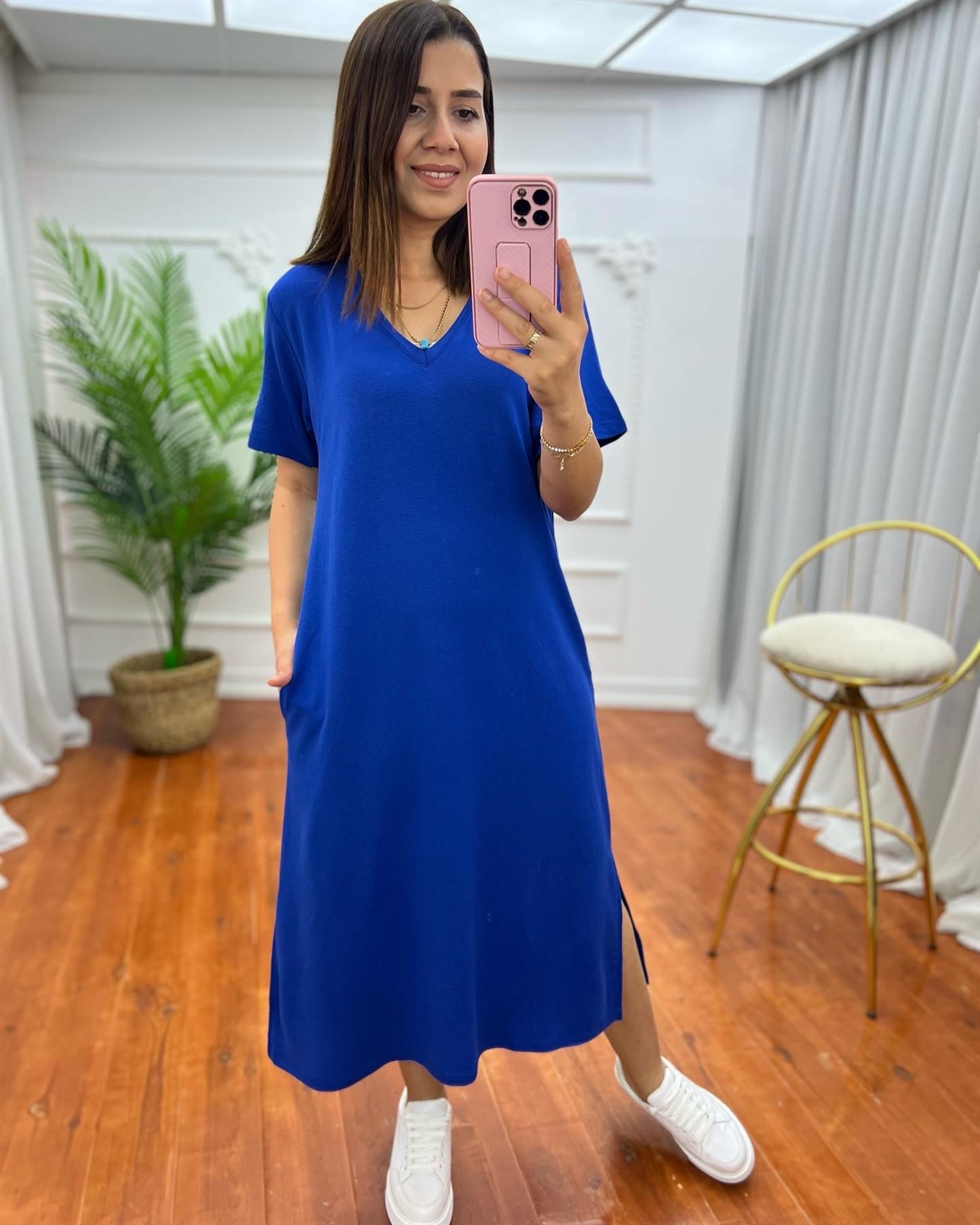 V Yaka Yan Yırtmaçlı Viskon İki İp Elbise Saks