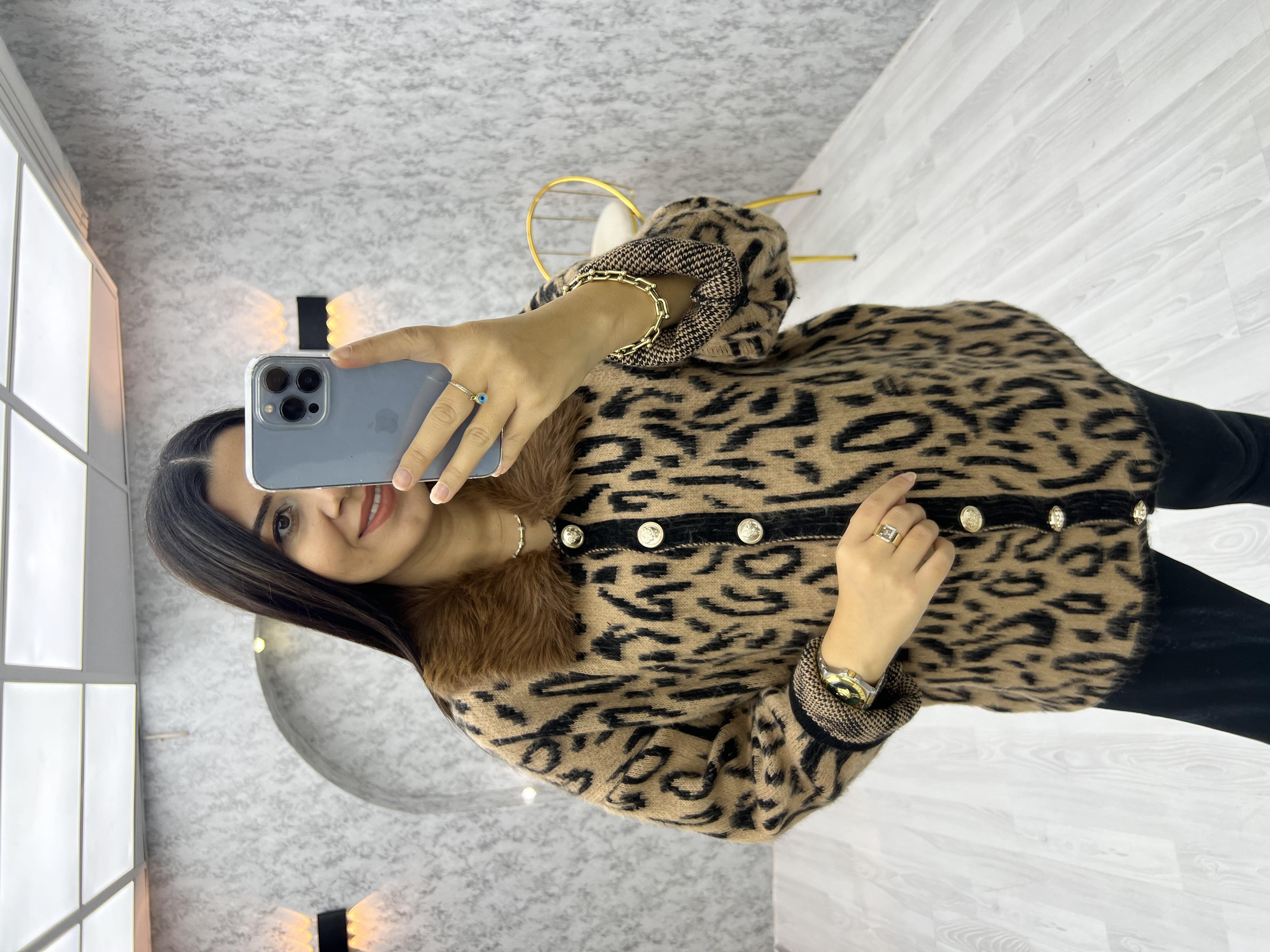 Yaka Kürklü Leopar Hırka Camel