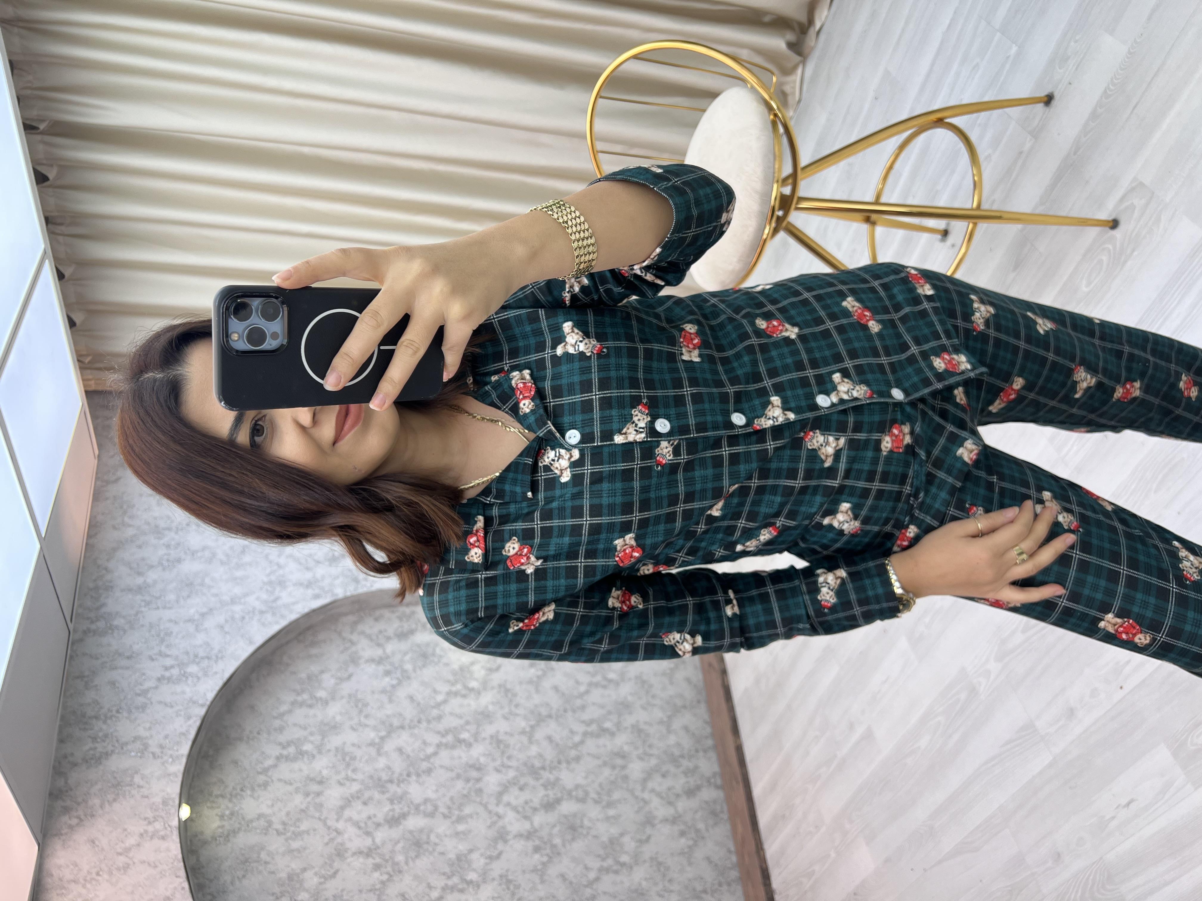 Yakalı Ekose Ayıcıklı Pijama Takımı Yeşil