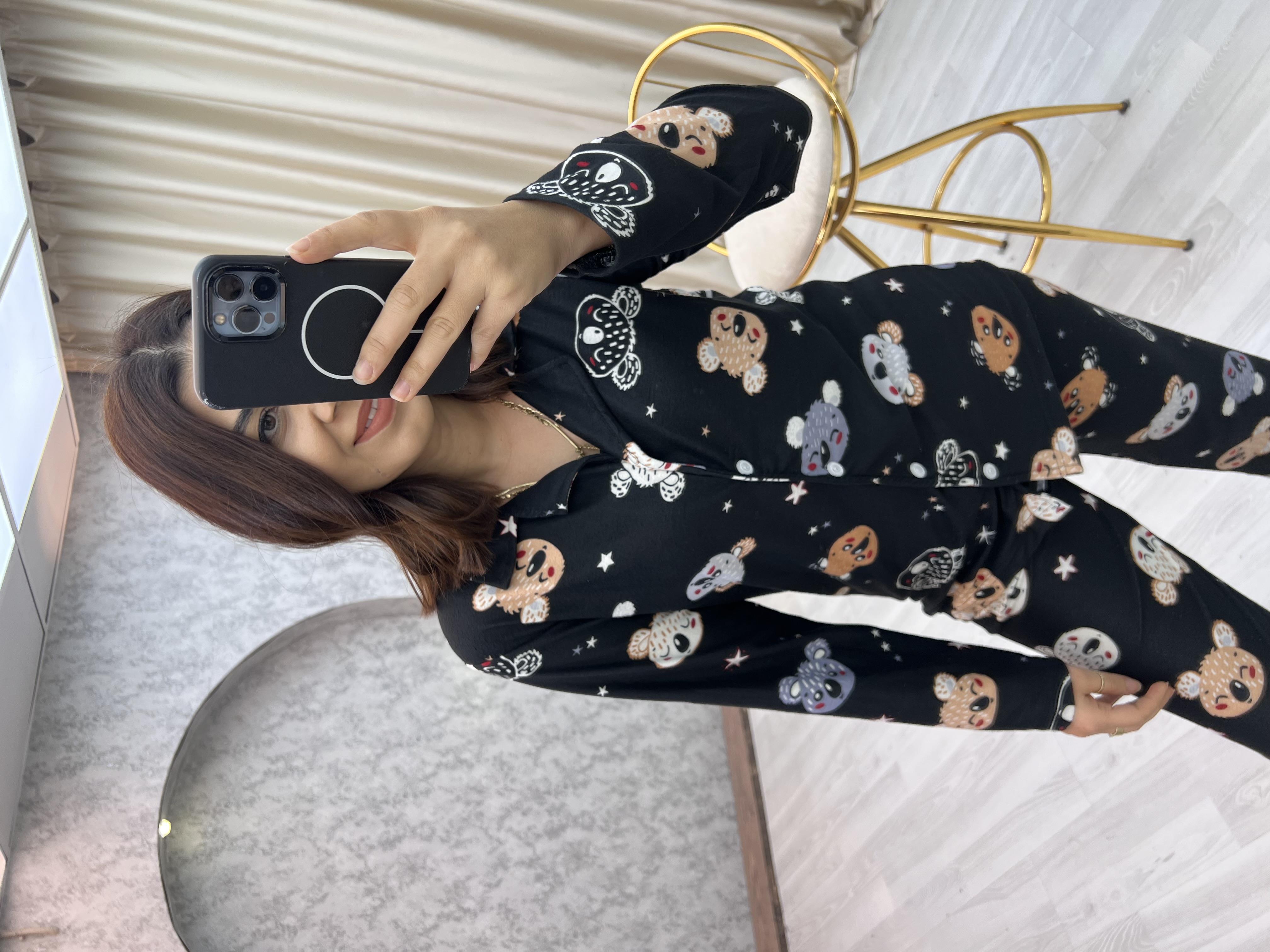 Yakalı Koala Pijama Takımı Siyah