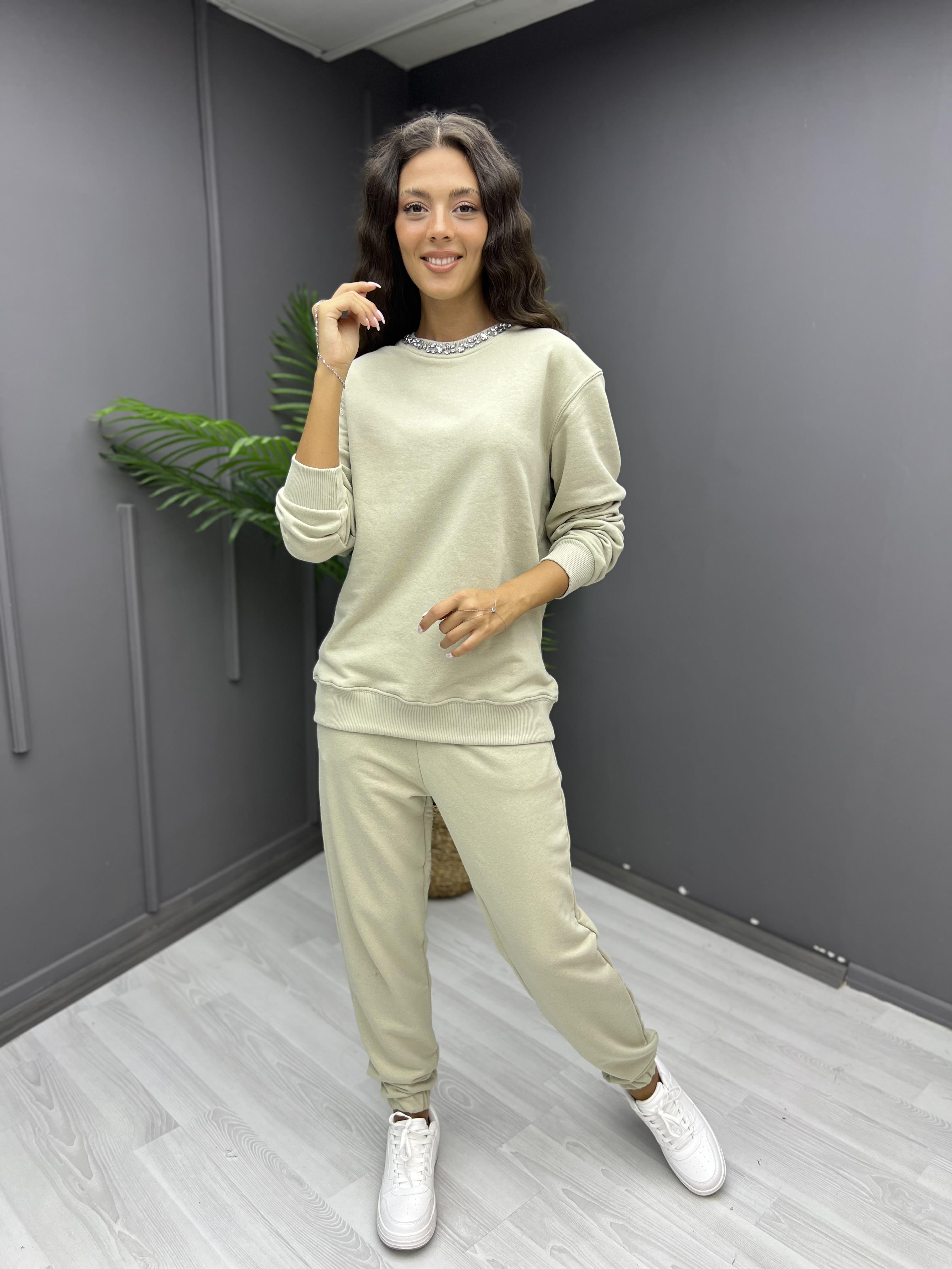Yakası Taş İşleme Sweat Küfyeşili