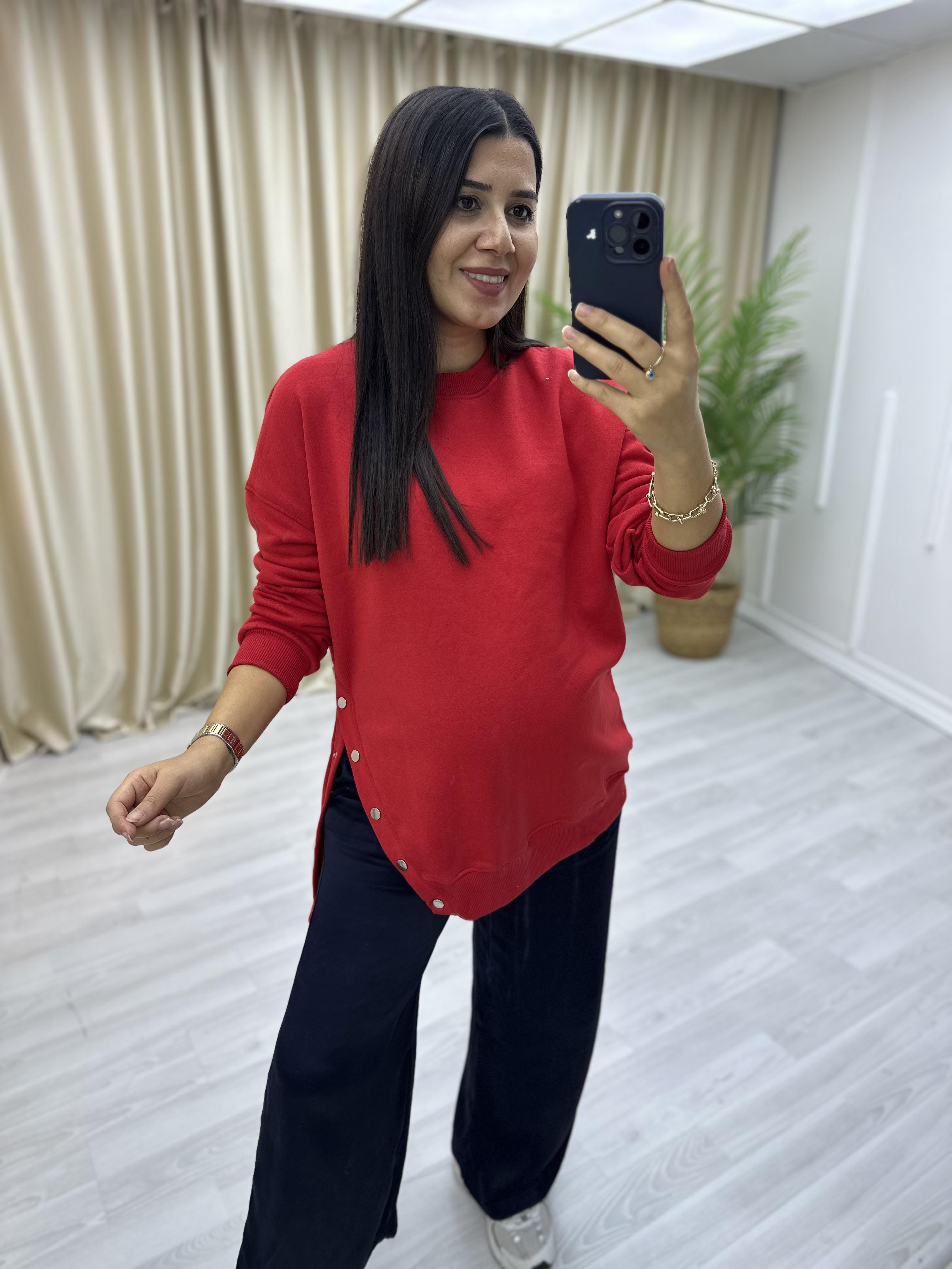 Yanlar Zımbalı Şardonlu Sweat Kırmızı