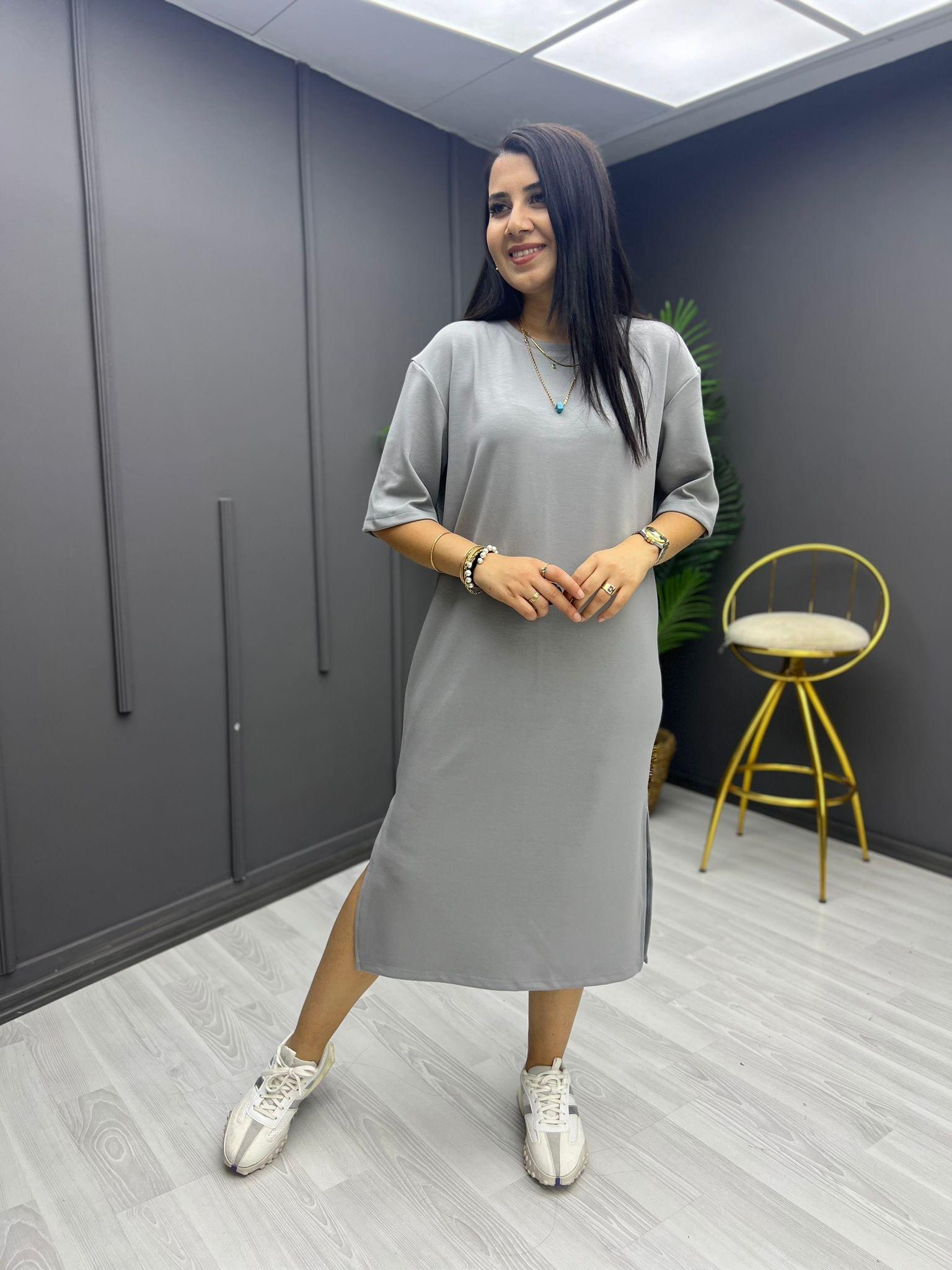 Yırtmaçlı Modal Elbise Gri