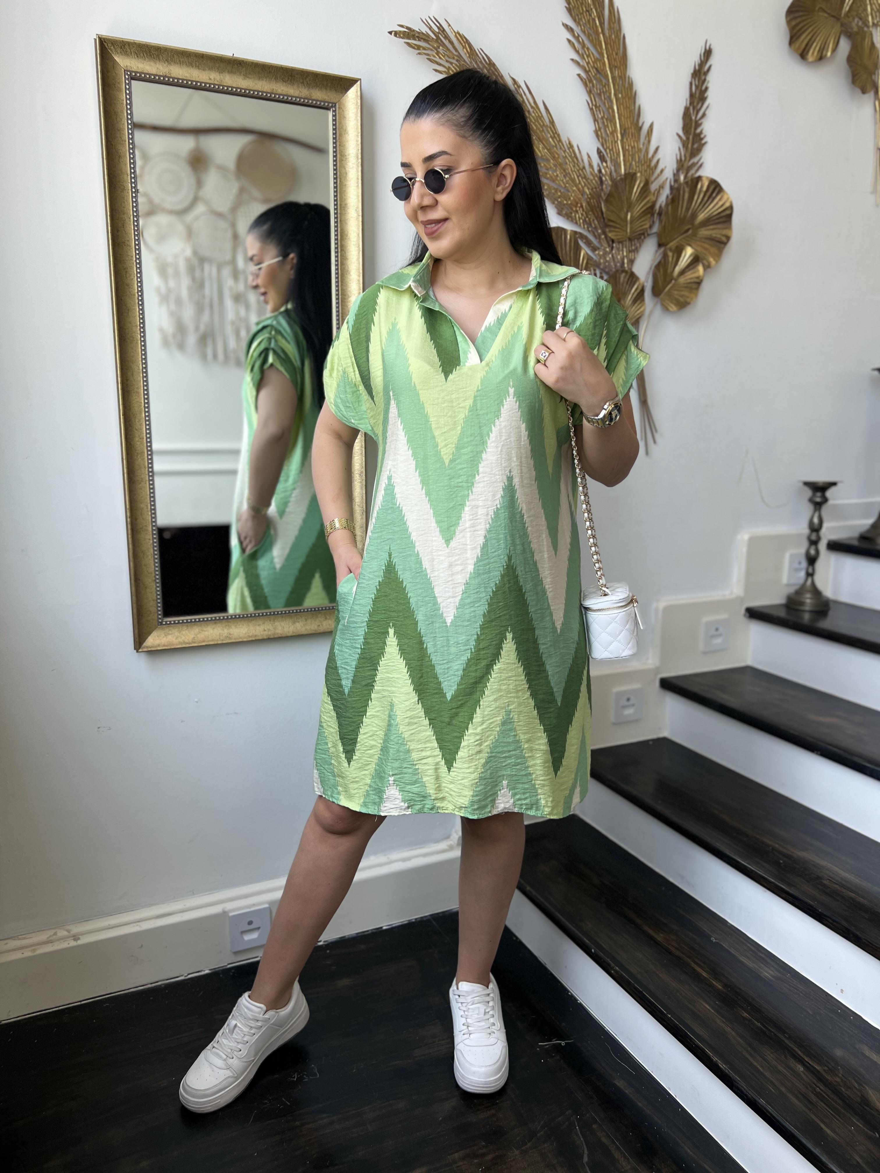 Zikzak Desenli Polo Yaka Elbise Yeşil