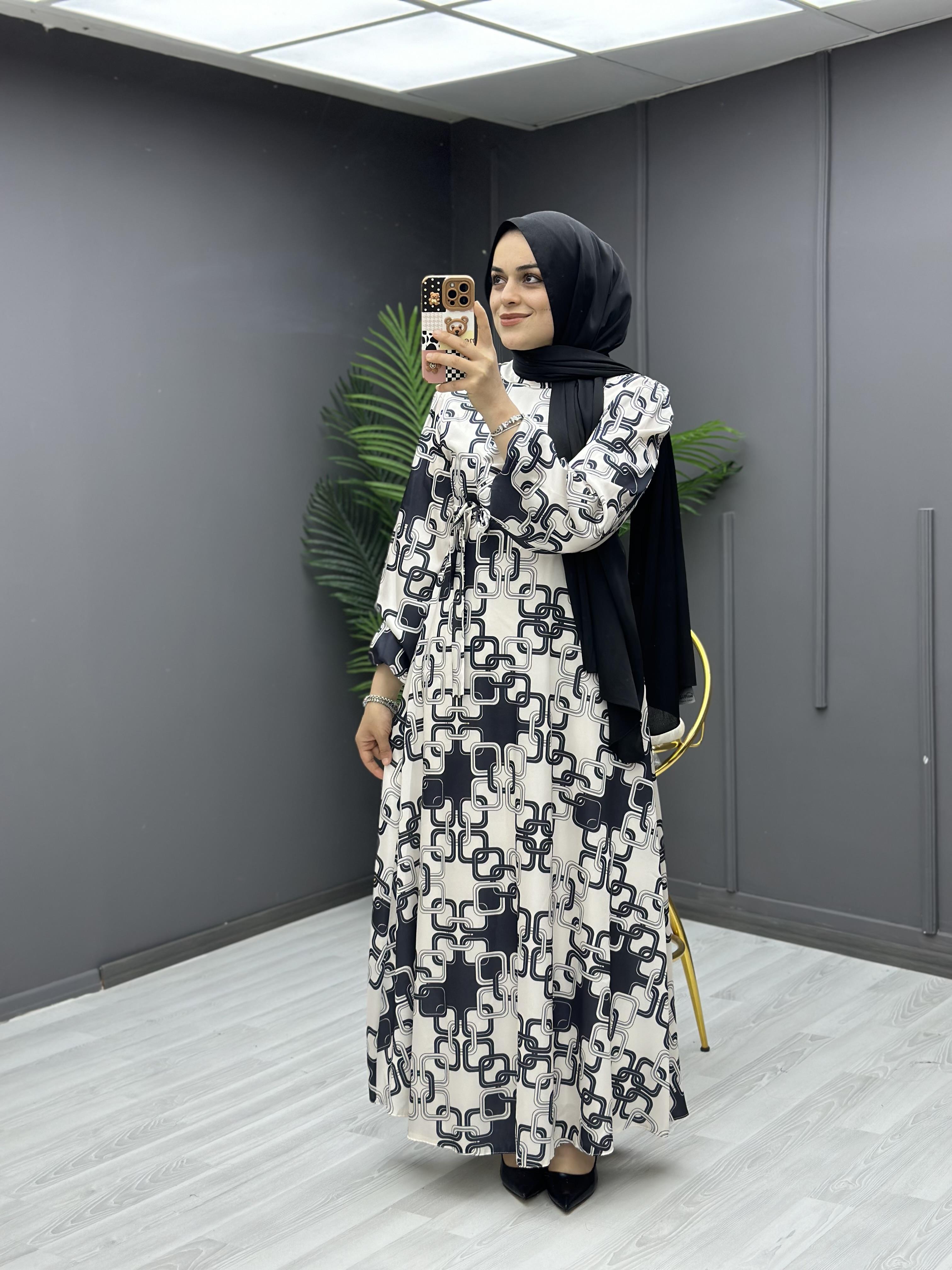 Zincir Desen Elbise Siyah